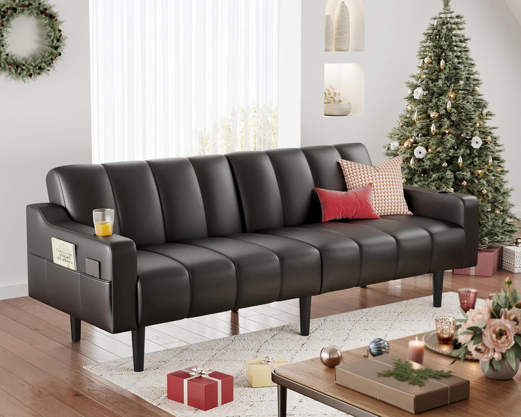 80'' Futon Sofa Bed,Faux Leather Futon Sleeper Sofa, Convertible Loveseat with Adjustable Sofa Backrest,Modern Couches for Living Room, Bedroom, Apartment, Office (Black)