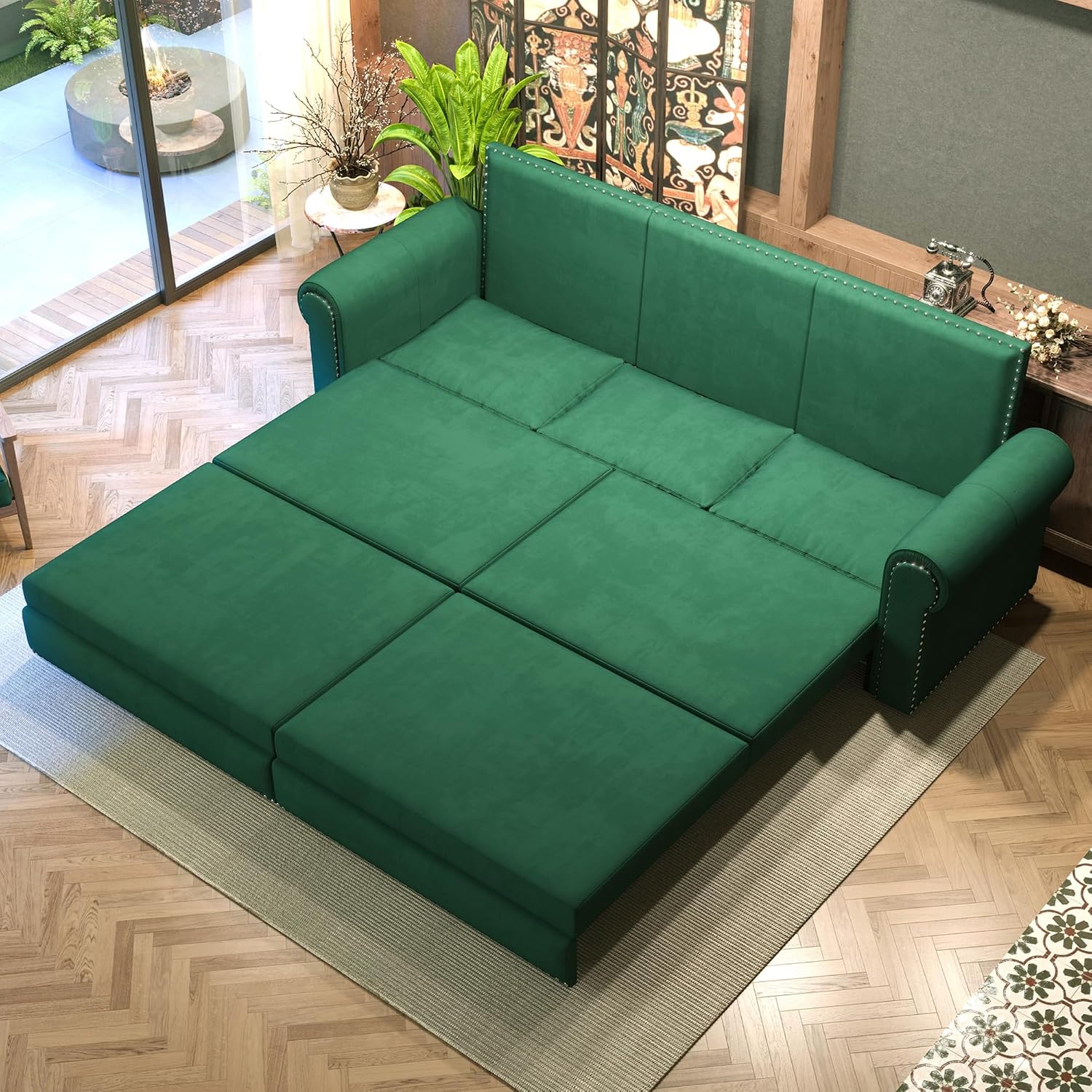 93.7' King Pull Out Sofa Bed, Velvet Sleeper Sofa Couch, 3 in 1 Convertible Futon Couches for Living Room, Small Space, Apartment, Office, Bedroom, Modern Rivet Armrest, Green