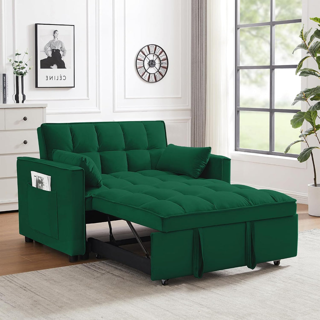 Oversized 3-in-1 Convertible Sleeper Sofa Bed, Futon Couch with Pullout Bed, 2-Seater Loveseat Sofa w/Pockets, Adjustable Backrest and Pillows for Living Room Apartment (Green-55inch)