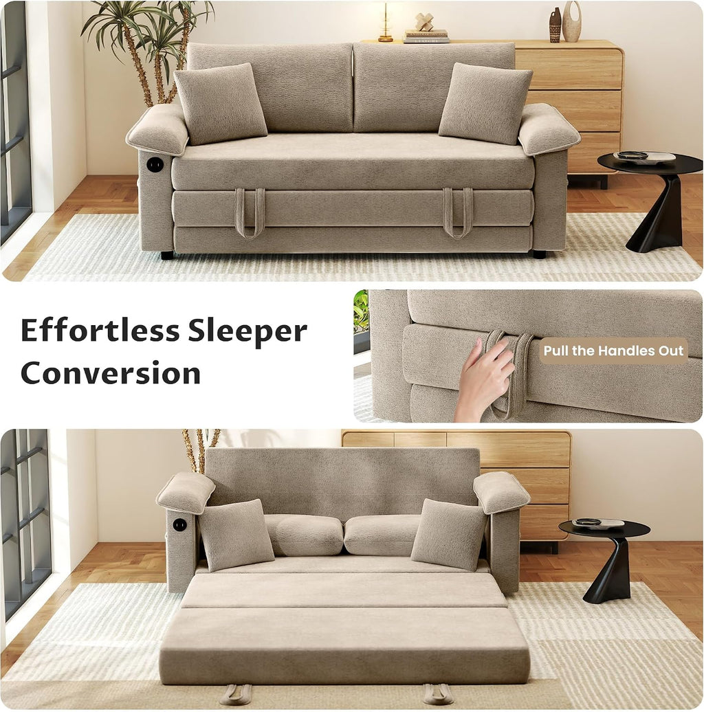 SUNWAVE 77' Sleeper Sofa Convertible Sofa Bed with USB Ports & Side Pockets, Chenille Loveseat Pull Out Couch with Full Size Sleeping Area, Folding Sofa Bed for Living Room & Small Spaces (Khaki)