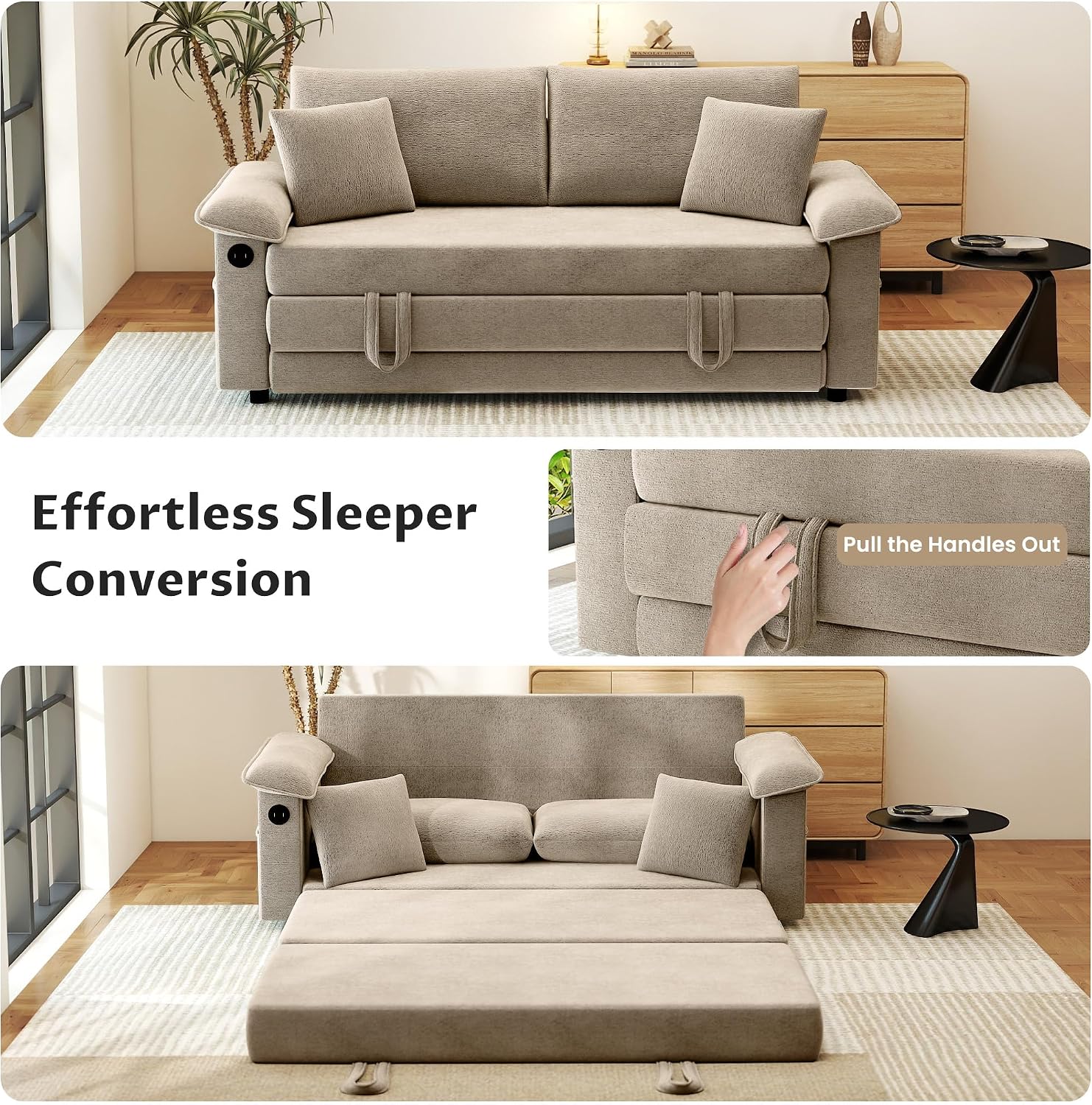 SUNWAVE 77' Sleeper Sofa Convertible Sofa Bed with USB Ports & Side Pockets, Chenille Loveseat Pull Out Couch with Full Size Sleeping Area, Folding Sofa Bed for Living Room & Small Spaces (Khaki)