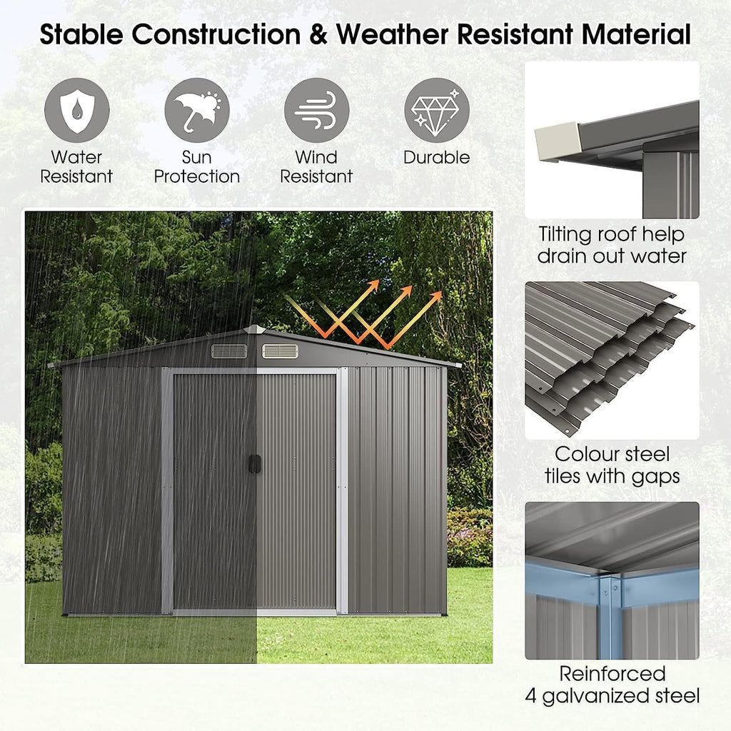 Goplus 8.5' x 6.8' x 6' Outdoor Storage Shed, Weather-Resistant Utility Storage House w/Foundation, 4 Air Vents, Double Doors & Ramp, Galvanized Steel Tool Shed for Garden, Lawn, Patio, Yard