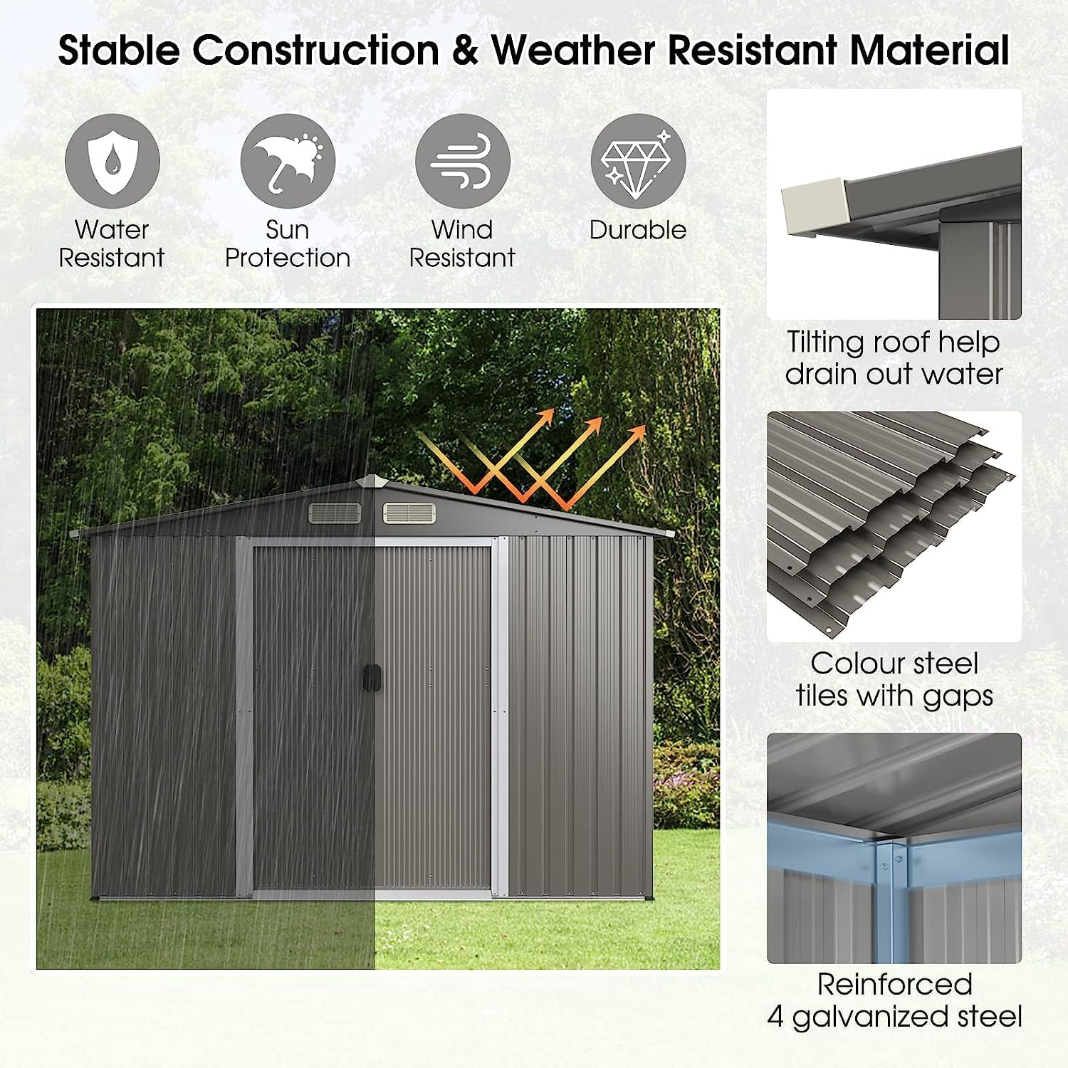 Goplus 8.5' x 6.8' x 6' Outdoor Storage Shed, Weather-Resistant Utility Storage House w/Foundation, 4 Air Vents, Double Doors & Ramp, Galvanized Steel Tool Shed for Garden, Lawn, Patio, Yard
