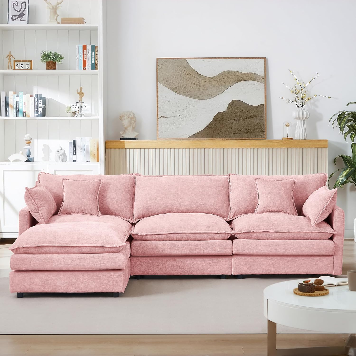 Eafurn Oversized Reversible Modular Sectional Sofa with Movable Ottoman, 4 Seater Convertible L Shaped Corner Couch Modern Chenille Sofa Set w/Double Layers Seat Cushions for Living Room Apartment