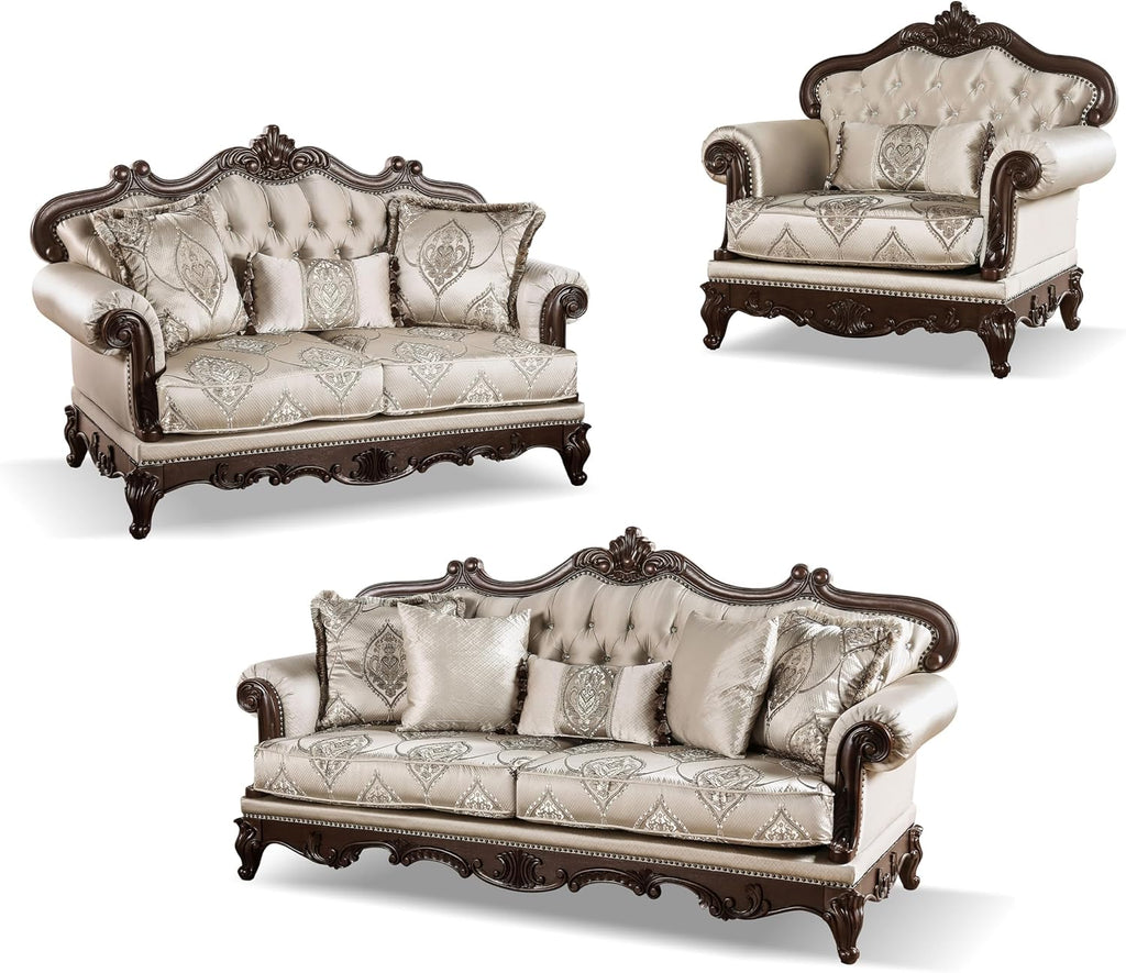 Furniture of America Adelaide Traditional Upholstered Sofa Set with Rolled Armrests, Arm Chair, Wooden Loveseat and Comfortable Couch for Living Room, Office, 3-Piece Set, Dark Cherry/Beige