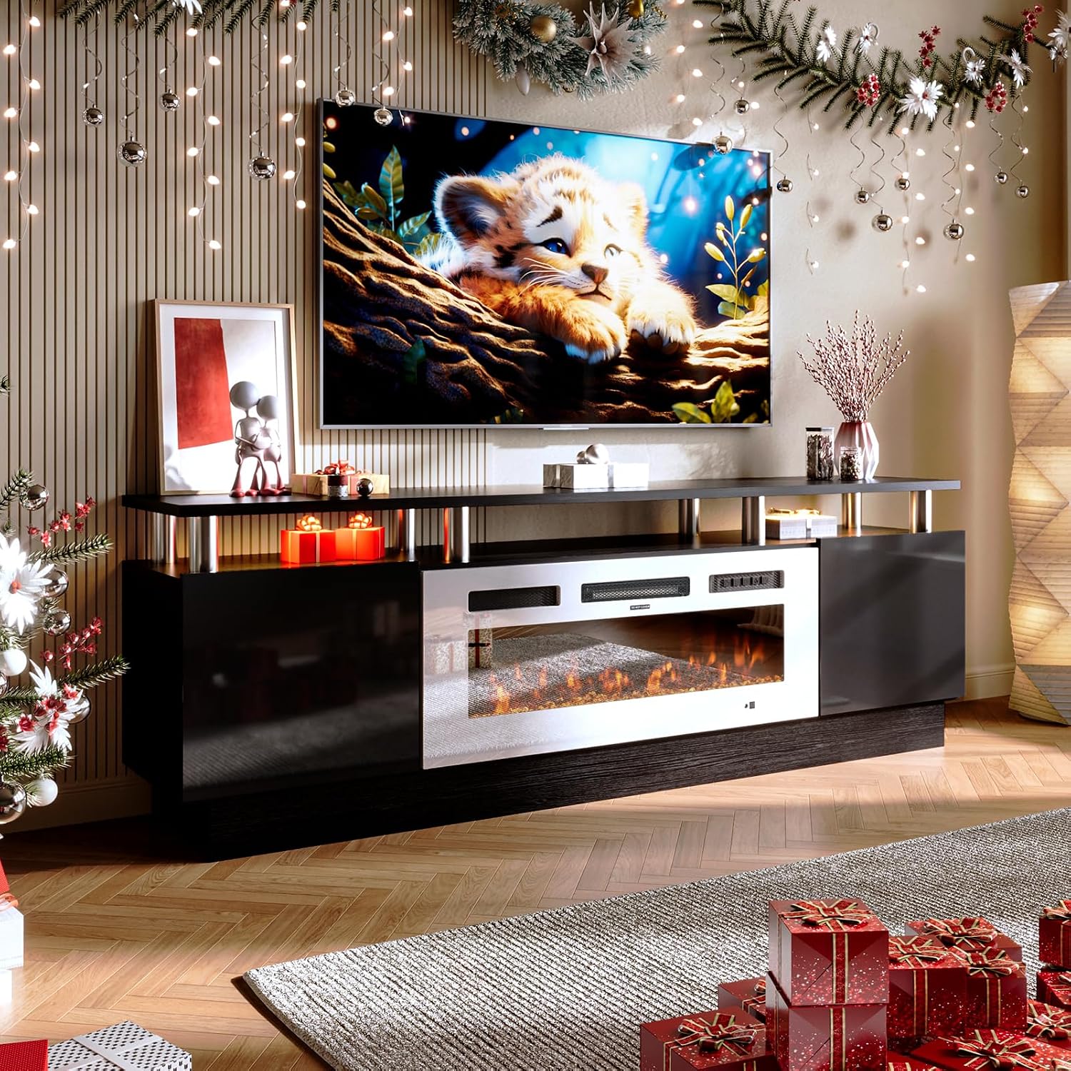 oneinmil Fireplace TV Stand with 36' Electric Fireplace, 70' 2 Tier TV Console Stand for TVs Up to 80', LED Light Entertainment Center, Fireplace for The Living Room TV Stand, Black