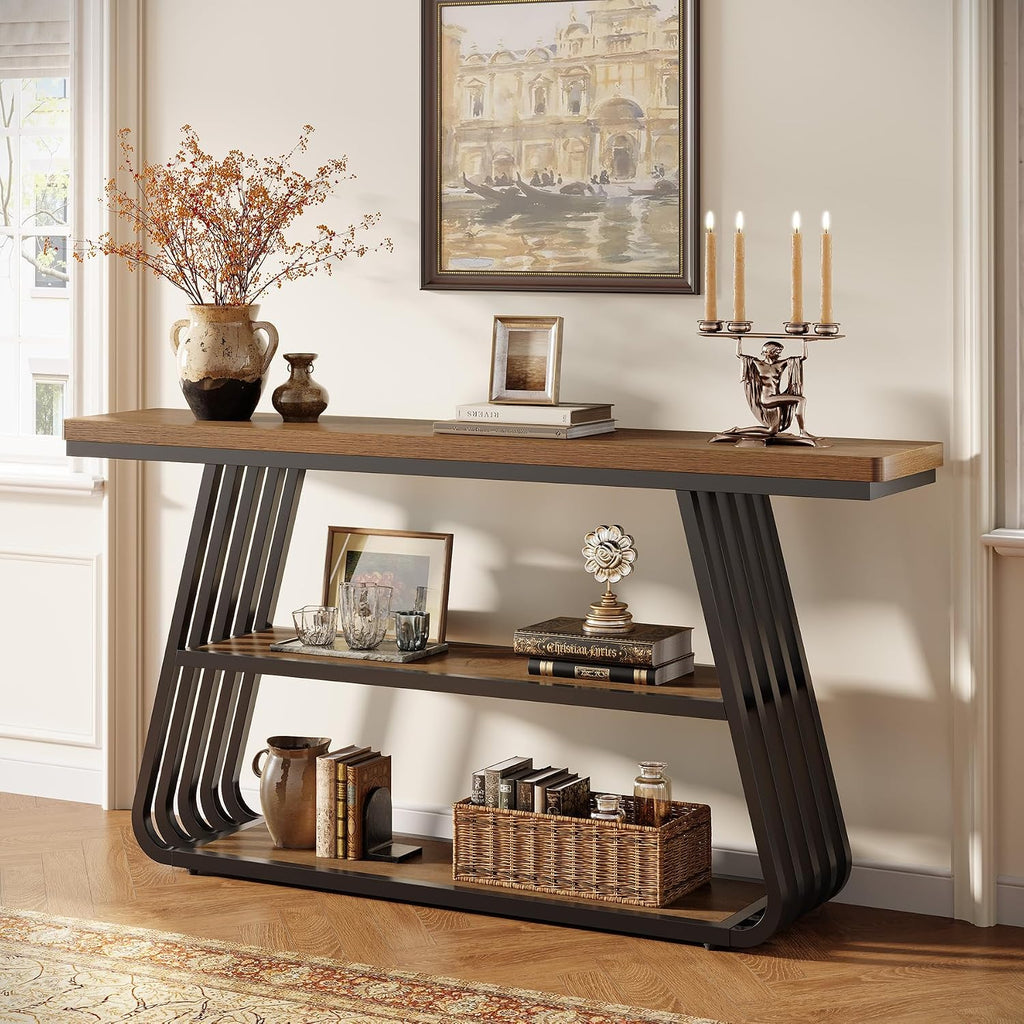 Tribesigns 55' Entryway Table with Shelves, 3-Tier Console Table Sofa Table with Iron Frame, Wooden Entry Table for Living Room, Foyer, Hallway, Industrial Style