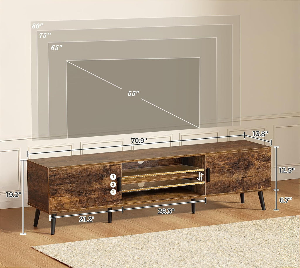SUPERJARE 70.9 Inch TV Stand for 65, 75 Inch TV, Entertainment Center with Adjustable Shelf, 2 Cabinets, TV Console Table, Media Console, Solid Wood Feet, Cord Holes, for Living Room, Rustic Brown
