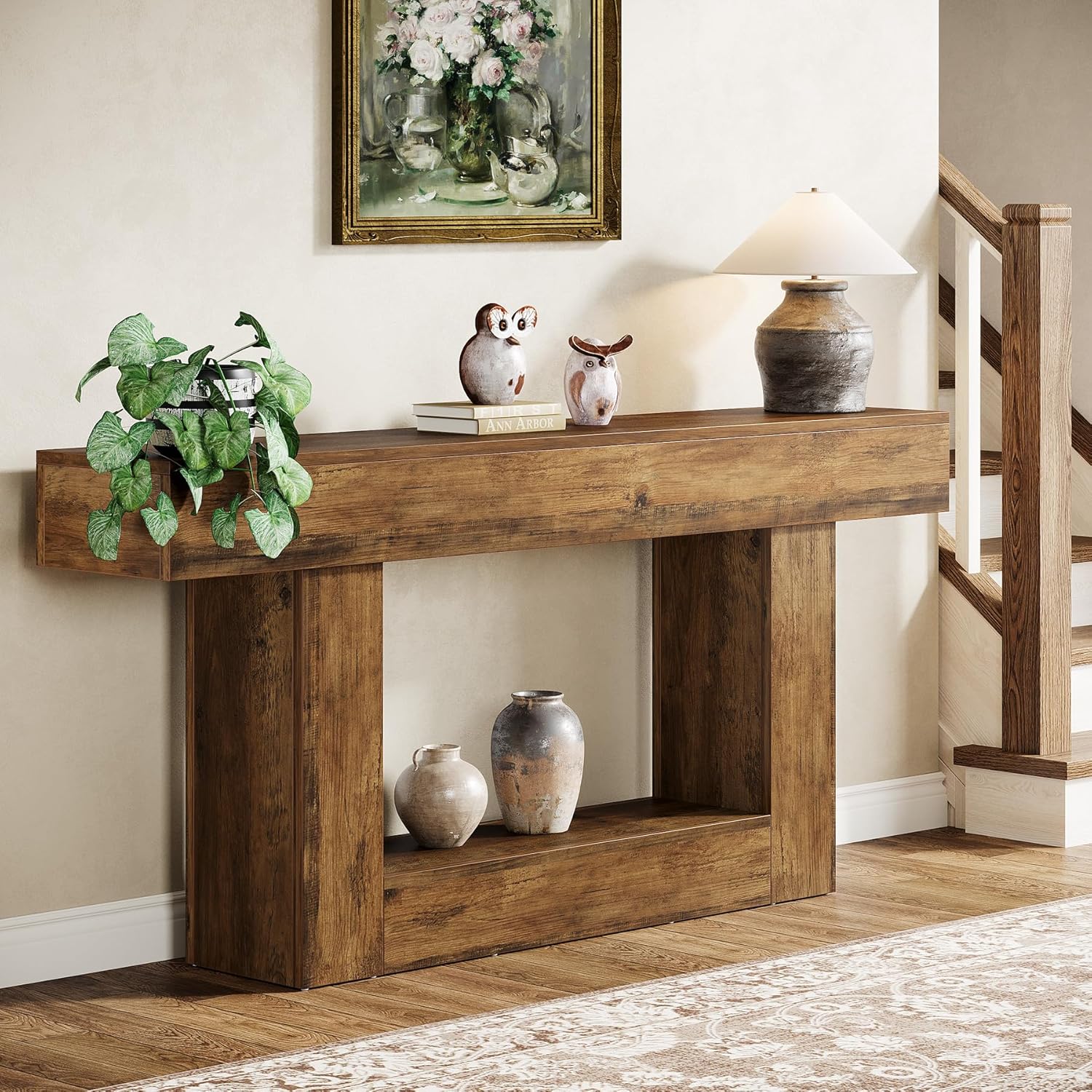 Tribesigns 63' Console Table, Farmhouse 2-Tier Entryway Table with U-Shaped Base, Narrow Long Wood Sofa Table Behind Couch Table for Living Room, Hallway, Foyer, Vintage Brown
