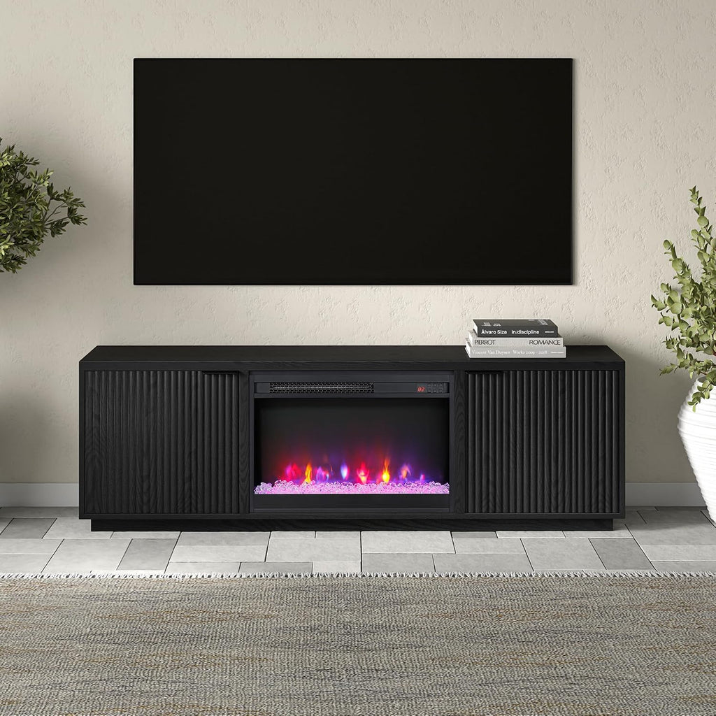Henn&Hart Rectangular TV Stand with 26' Crystal Fireplace for TV's up to 78' in Black Grain, for Home, Living Room, Bedroom, Entertainment Room, Office