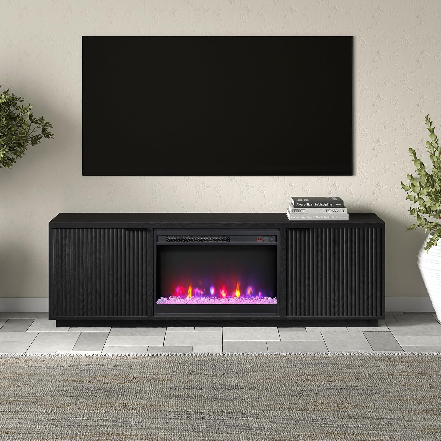 Henn&Hart Rectangular TV Stand with 26' Crystal Fireplace for TV's up to 78' in Black Grain, for Home, Living Room, Bedroom, Entertainment Room, Office