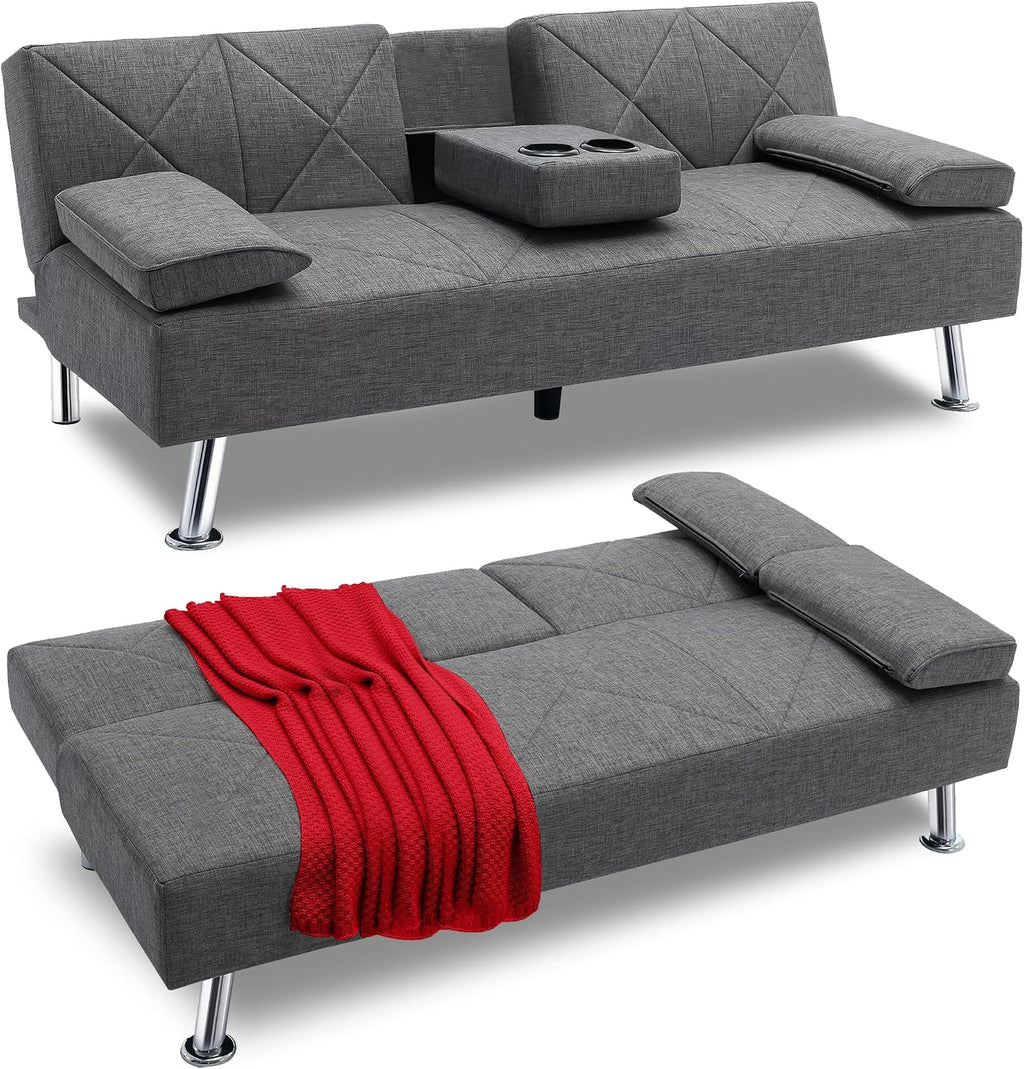 VECELO Modern Convertible Folding Futon Sofa Bed with Removable Armrests Breathable Linen Recliner Couch for Living Room/Apartment Lounge, 2 Cup Holders