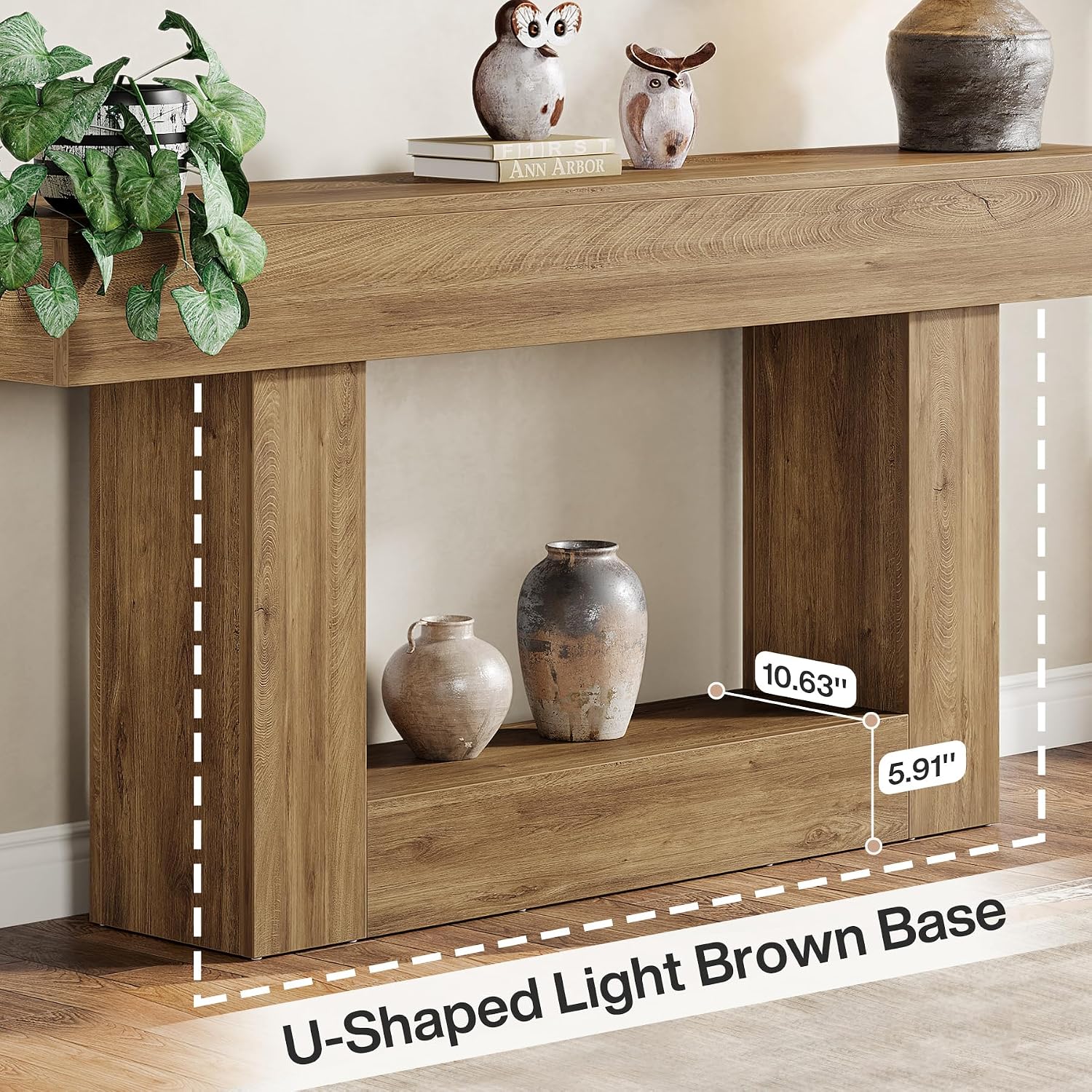 Tribesigns 63' Console Table, Farmhouse 2-Tier Entryway Table with U-Shaped Base, Narrow Long Wood Sofa Table Behind Couch Table for Living Room, Hallway, Foyer, Light Brown