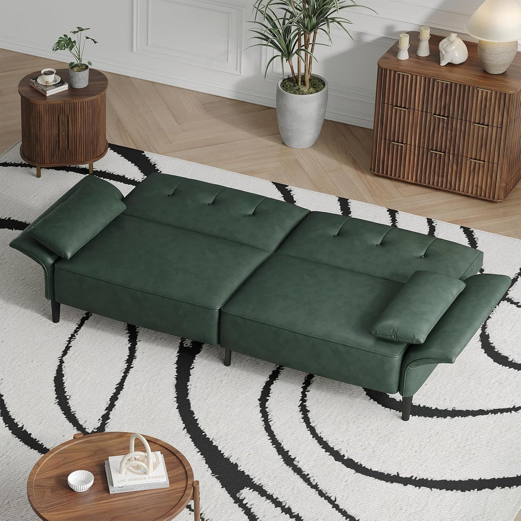 COPIAE 89' Futon Sofa Bed,Futon Couch Bed with 2 Square Pillows,Convertible Sleeper Sofa with Adjustable Backrest& Armrests, Modern Loveseat Sleeper for Living Room, Bedroom,Faux Leather Green