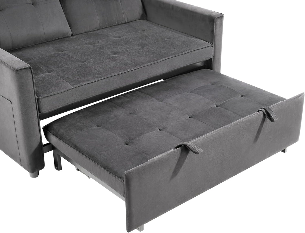 Sofa Bed, Pull Out Couch with Side Pockets, 3 in 1 Velvet Fabric Loveseat Sleeper Sofa Bed, Pull Out Couch with Adjustable Backrest for Living Room, Bedroom, Apartment, Gray, 53 Inch