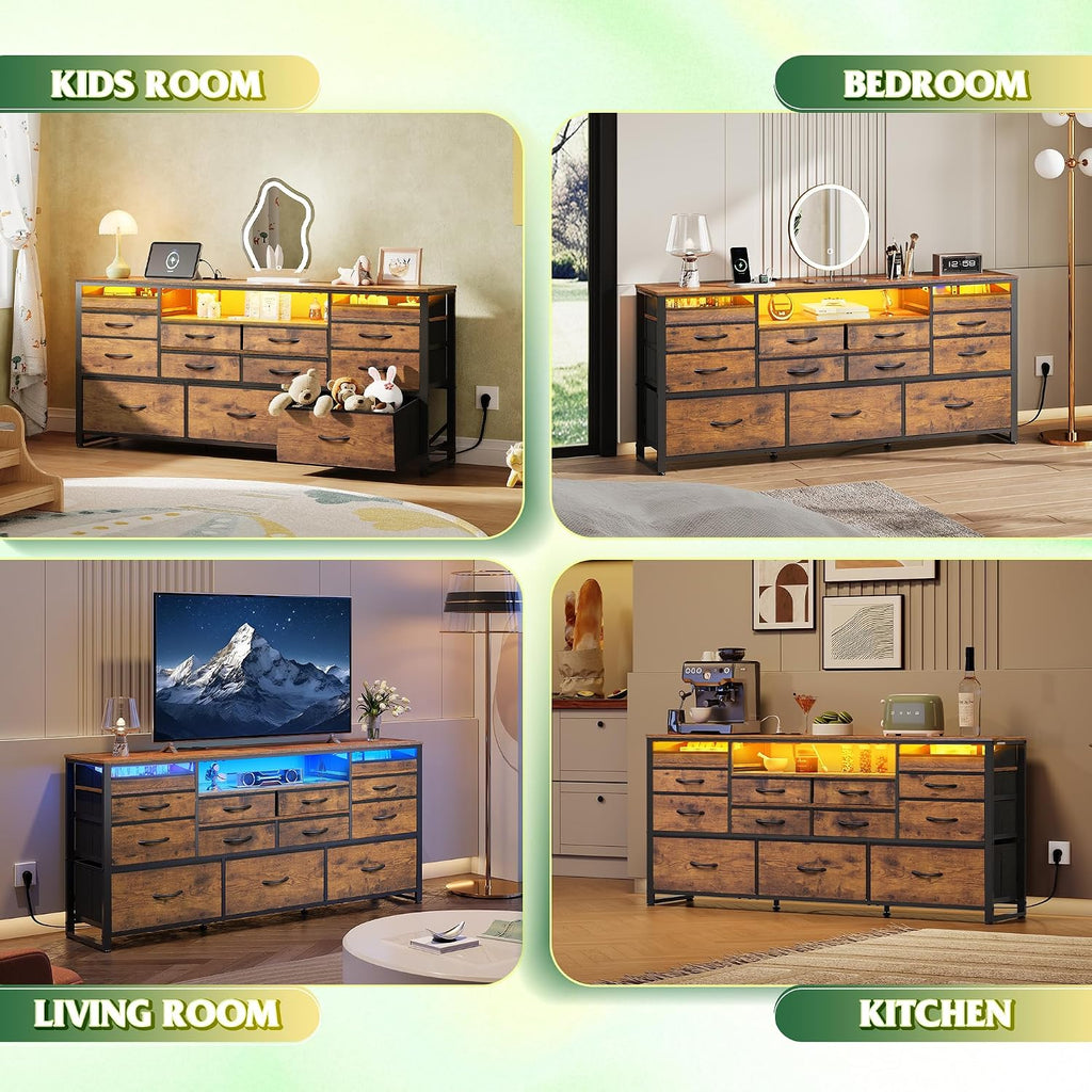 WLIVE Long Dresser for Bedroom, TV Stand for 55, 60, 65 Inch TV, 13 Drawer Wide Fabric Dresser with Wood Top, Large Chest of Drawers for Living Room, Hallway, Closet, Rustic Brown Wood Grain Print