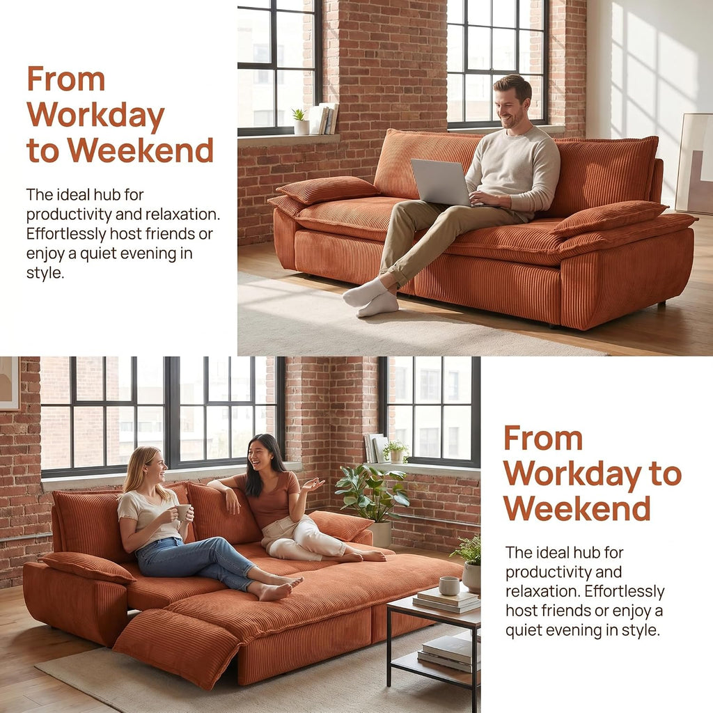 73.2' Sofa Bed Queen, 3-in-1 Pull Out Sofa Bed with Pillow Armrest, Modern Corduroy Convertible Sleeper Futon Sofa for Living Room Small Space, Apartment, Bedroom, Orange