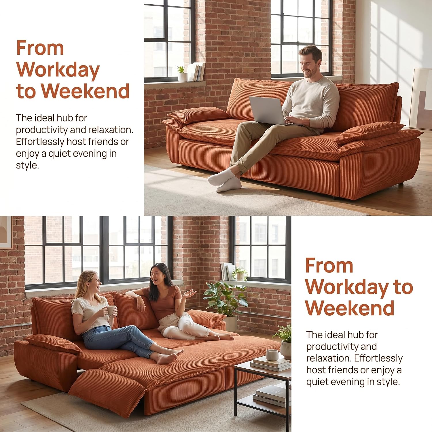 73.2' Sofa Bed Queen, 3-in-1 Pull Out Sofa Bed with Pillow Armrest, Modern Corduroy Convertible Sleeper Futon Sofa for Living Room Small Space, Apartment, Bedroom, Orange