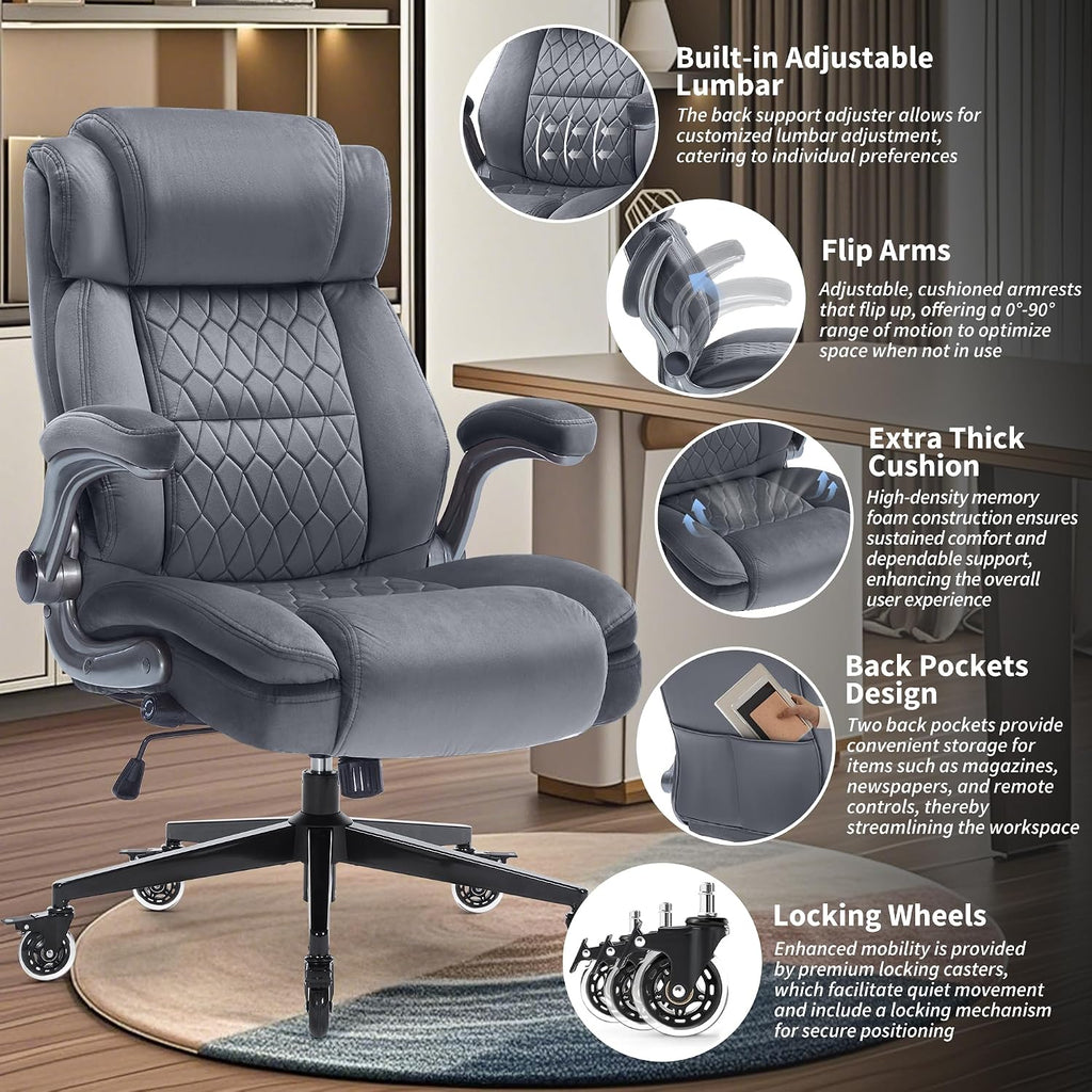 Office Chair with Locking Wheels, Ergonomic High Back Fabric Desk Chair with Adjustable Lumbar Support, Flip-Up Arms, Thick Padded Seat, 400lbs Heavy Duty for Home Office Adults