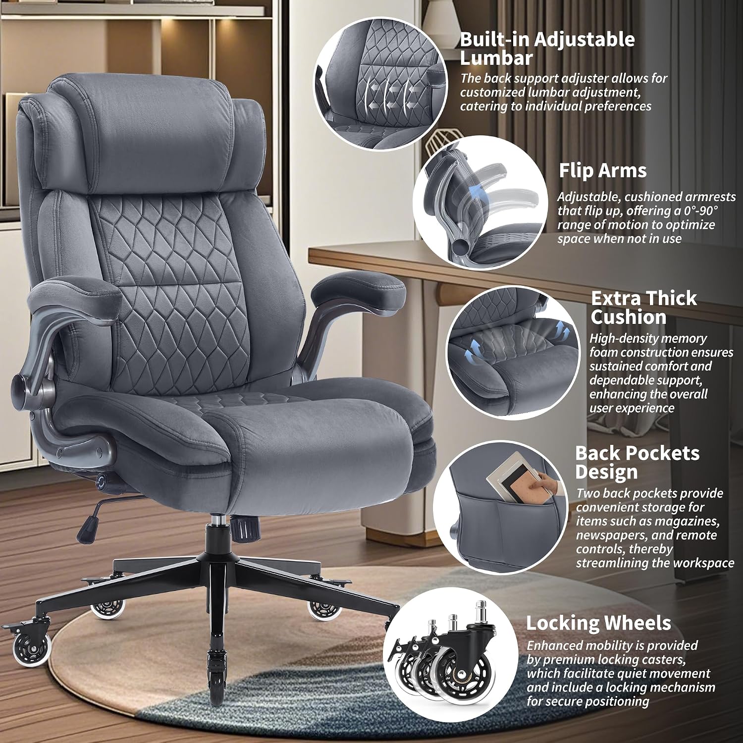 Office Chair with Locking Wheels, Ergonomic High Back Fabric Desk Chair with Adjustable Lumbar Support, Flip-Up Arms, Thick Padded Seat, 400lbs Heavy Duty for Home Office Adults