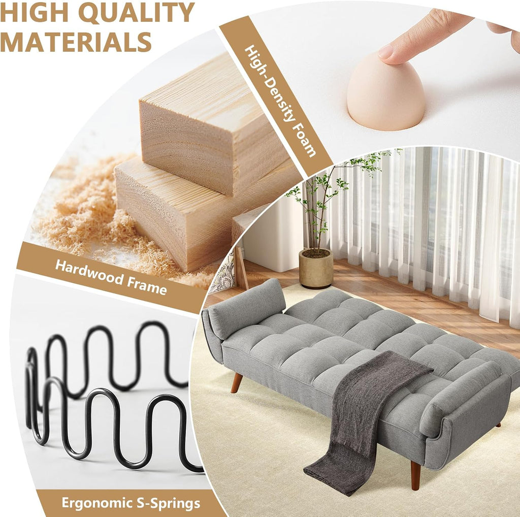 75' Convertible Futon Sofa Bed, Sleeper Couch Bed with Adjustable Backrest, Small Couches for Small Spaces, Living Room, Bedroom and Office (Gray)