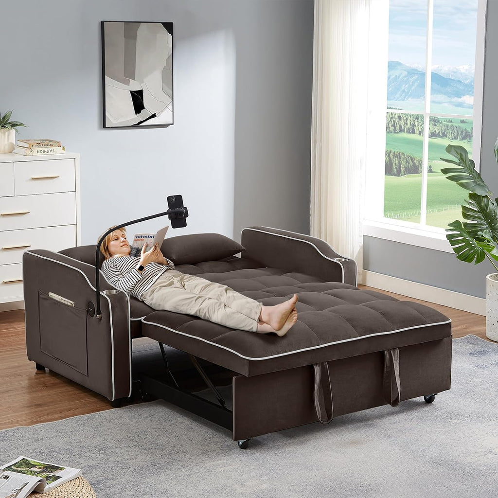 Antetek Sleeper Sofa Couch Bed with USB & Type C Port, Modern 3-in-1 Convertible Velvet Pull Out Loveseat Futon Sofa w/Phone Holder/Cup Holder for Living Room Apartment, Adjustable Backrest, Coffee