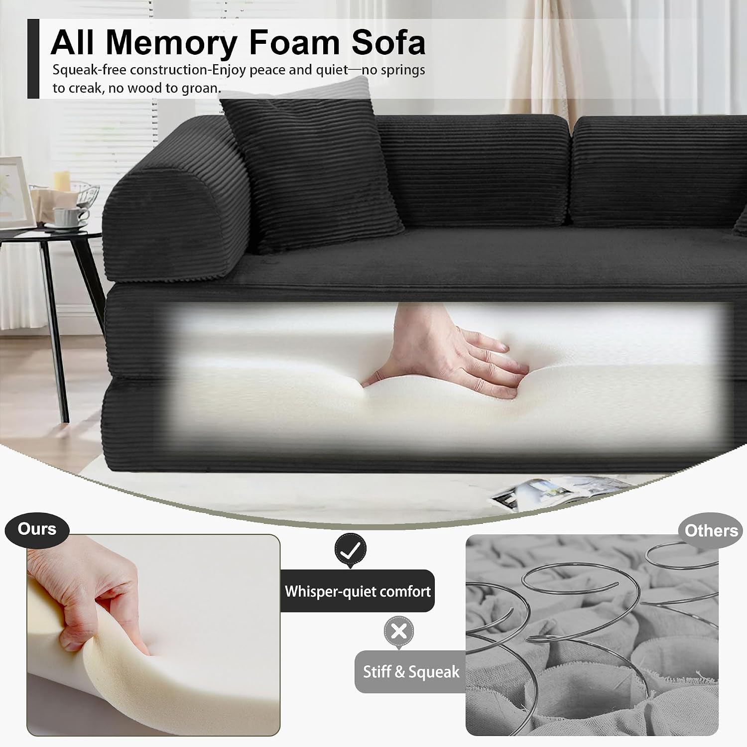 JJJ 78 inch Sofa Bed 4-in-1 Boneless Convertible Corduroy Sleeper Folding Couch with Fixed-Shape Frame and 2 Futons No Assemble Required 3 Seater Upholstered for Living Room (Black, 78 inch)