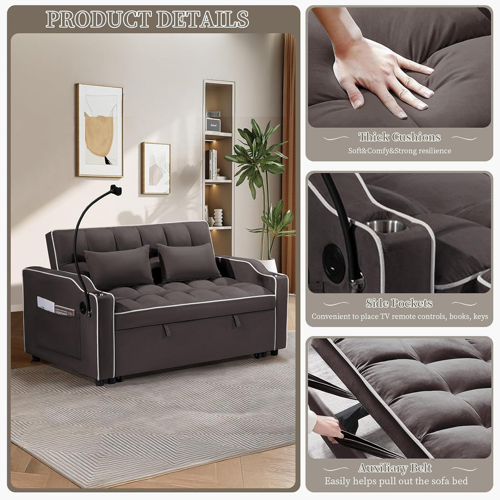 JEEOEHY 3 in 1 Convertible Sleeper Sofa Bed,Velvet Pull Out Couch Bed w USB&Type C Port,Comfy Futon Loveseat with Adjustable Backrest&Phone Holder for Living Room Apartment Small Space(Brown)