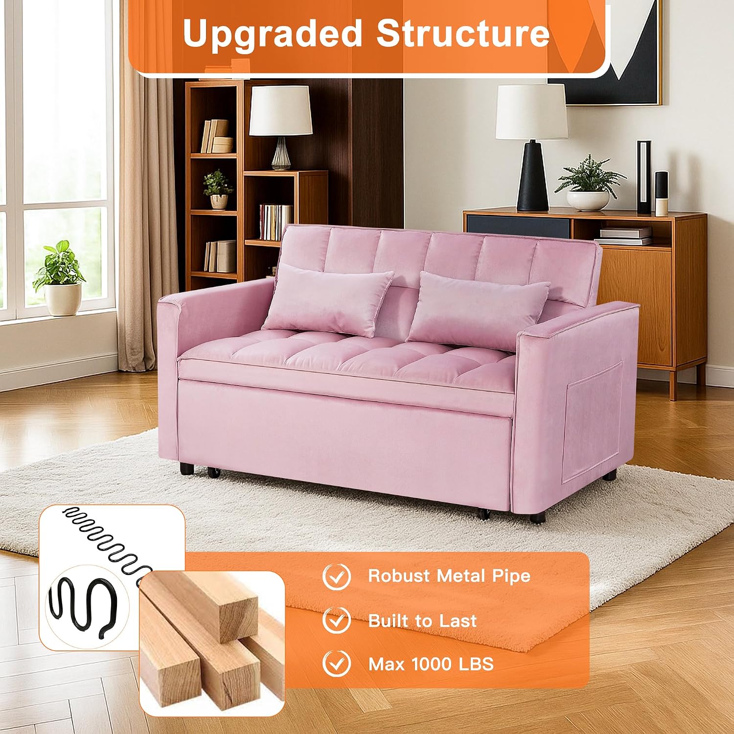 54' Sleeper Sofa Bed, Velvet Futon Sofa Bed with Adjustable Backrest, 3-in-1 Convertible Pull-Out Sleeper Sofa Couch with Armrest and Side Pockets for Small Spaces, Living Room (Pink)