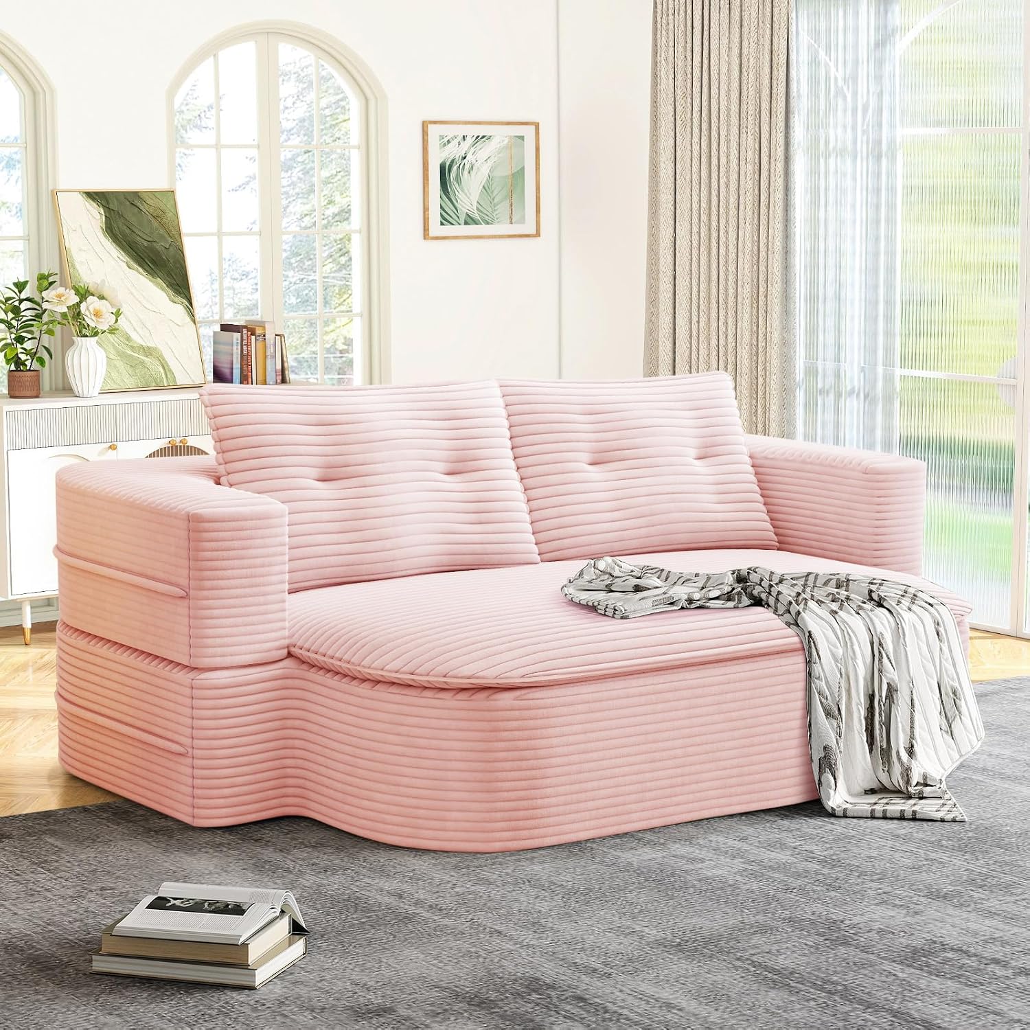 Convertible Sleeper Sofa, Modern 78-inch Folding Futon Corduroy Floor Foam Compression Loveseat Sofa Bed Couch, Foldable Full Size Guest Bed with 2 Pillows for Living Room Bedroom Apartment, Pink