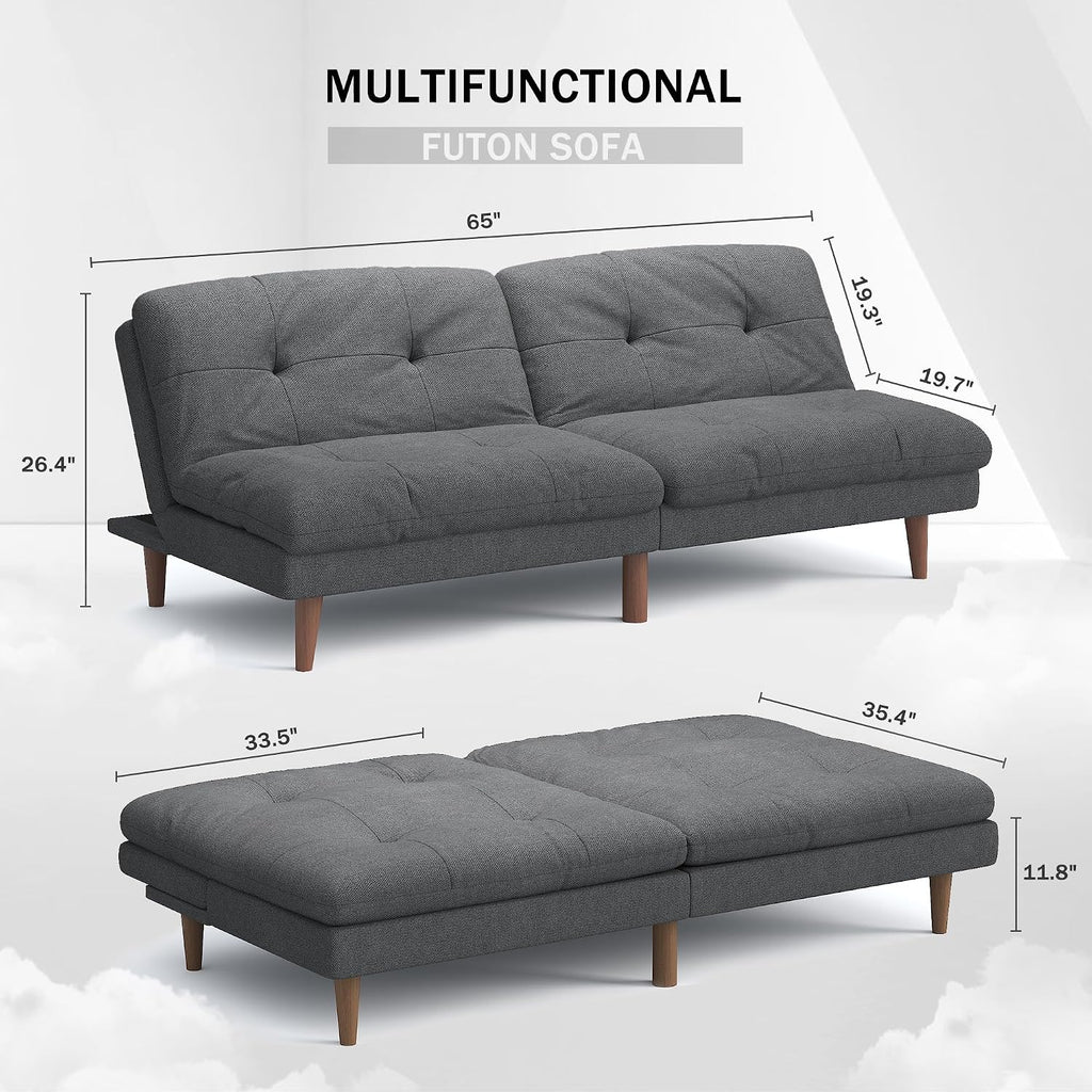 Flamaker Convertible Futon Sofa Bed Futon Couch with Adjustable Back Upholstered Sleeper Sofa Bed for Living Room Furniture (Fabric,Grey)