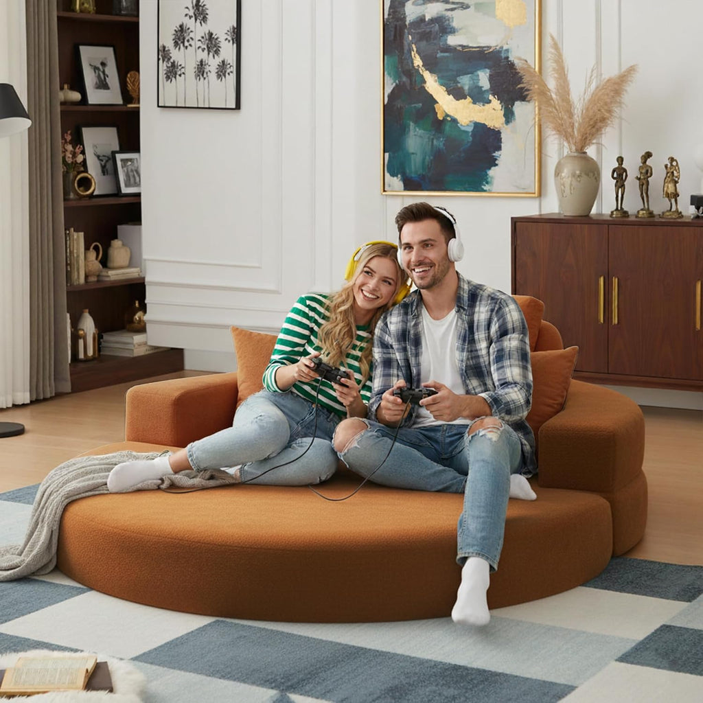 71' Boneless Couch Sofa Bed Oversized Round Couch 2-in-1 Foldable Floor Loveseat Sofa for Living Room and Apartment No Assembly (Orange, 71')