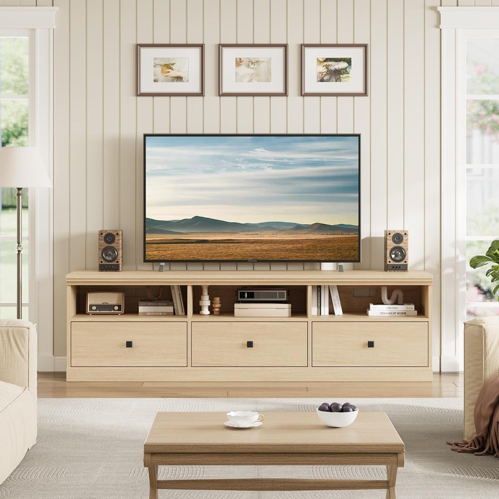 GarveeHome TV Stand for 65/70/75 in TV, Entertainment Center with Storage Drawer, Mid-Century Modern TV Console with Open Shelves, 70 in Media TV Cabinet for Living Room, Bedroom, Natural Wood