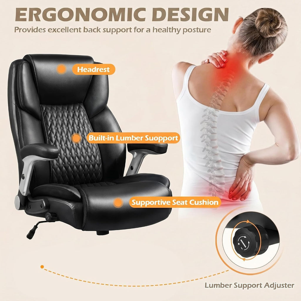 LEMBERI 600lbs Big and Tall Office Chair with Flip up Armrest, Heavy Duty Executive Desk Chair for Heavy People, High Back Computer Chair with Adjustable Lumbar Support,Black