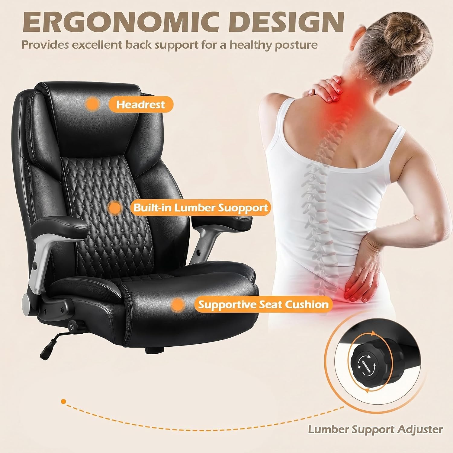 LEMBERI 600lbs Big and Tall Office Chair with Flip up Armrest, Heavy Duty Executive Desk Chair for Heavy People, High Back Computer Chair with Adjustable Lumbar Support,Black