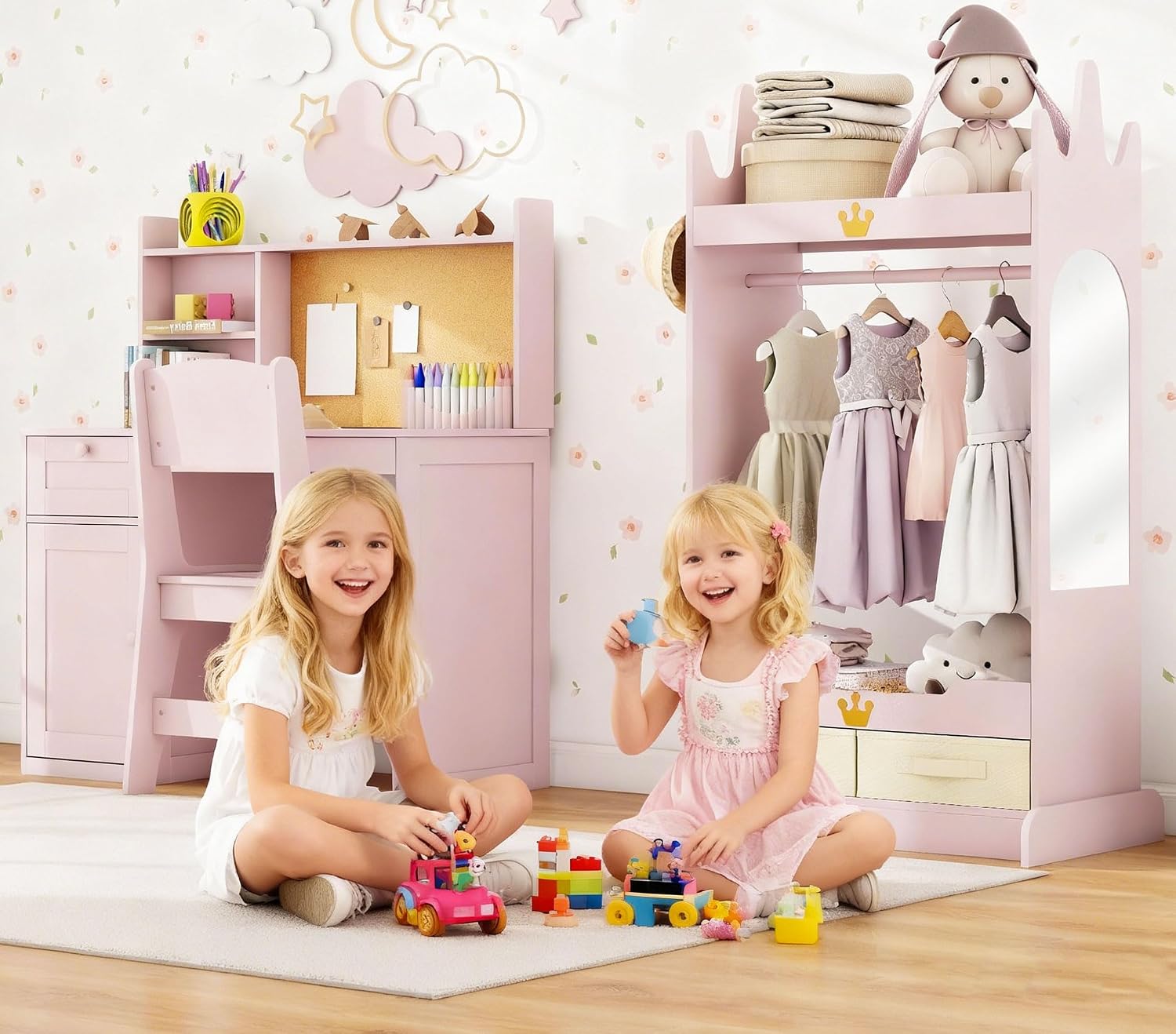 FTZxHKLX Dress Up Storage & Kids Desk Chair Set, Open Hanging Armoire Closet & Wooden Kids Desk and Chair Set with Storage Cabinet for Bedroom, Study Room, Pink