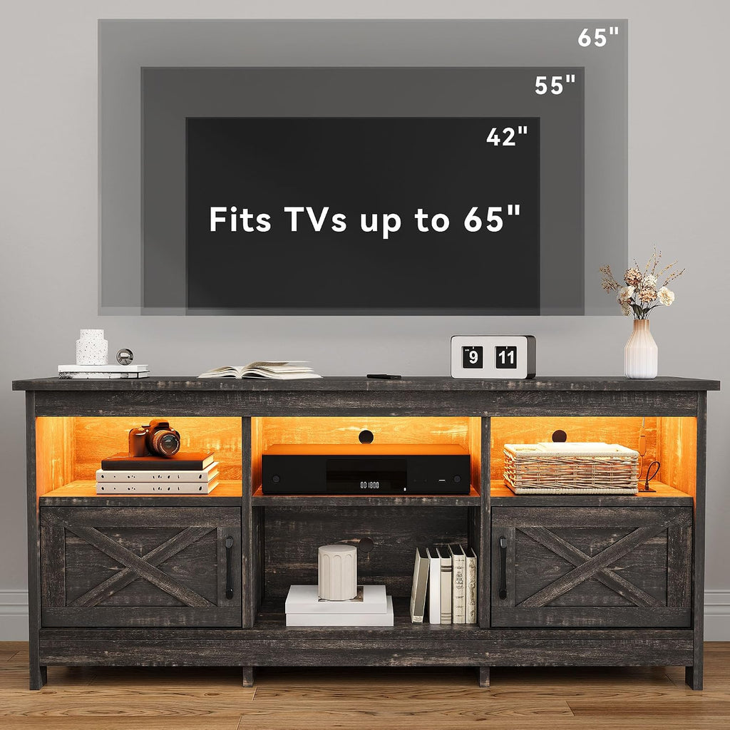 DWVO TV Stand for up to 65 Inch TV, Entertainment Center with Storage, TV Cabinet with Power Outlet & LED Light Strip, Media Console Television Stands for Living Room, Dark Rustic Oak