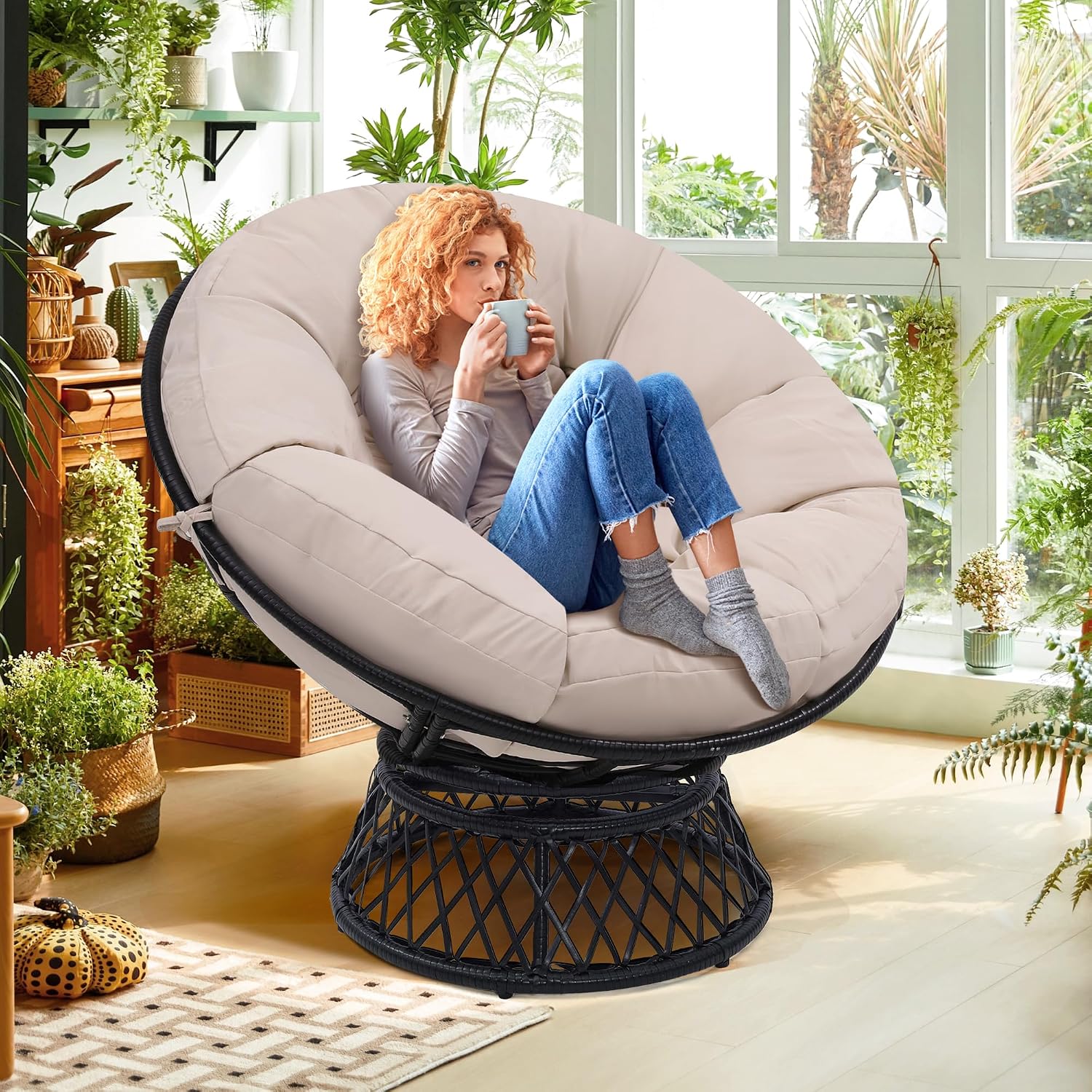KROFEM 46' Giant Oversized Ergonomic Rattan Papasan Chair with Soft Thick Cushion for Adults, Fluid 360° Swivel, Waterproof, Black Frame with Beige Cushion