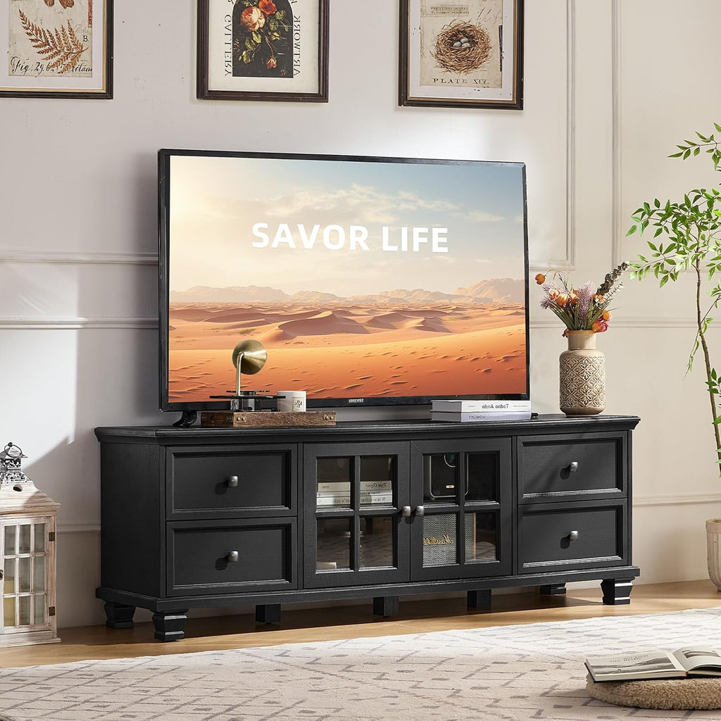 SAVOR LIFE Farmhouse TV Stand for Living Room, Rustic Black Entertainment Center with Storage Cabinet,Wood TV Console with 4 Drawers,Modern TV Stands for Bedroom,Black