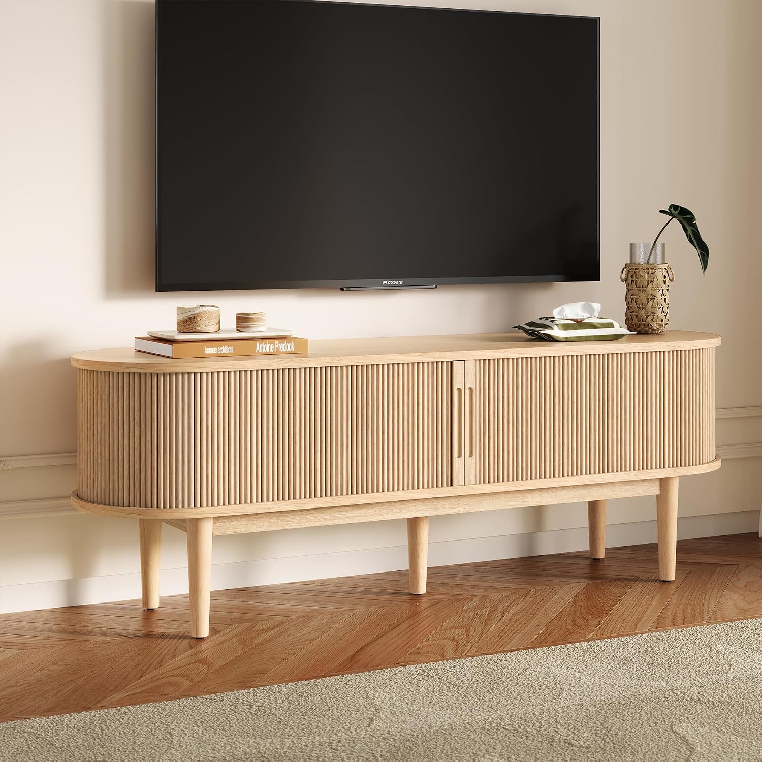 LINSY HOME 58' Fluted TV Stand for TVs up to 65 Inch, Mid Century Modern Entertainment Center with Storage Cabinet and Sliding Doors, Farmhouse Wood Media TV Console for Living Room, Bedroom, Oak
