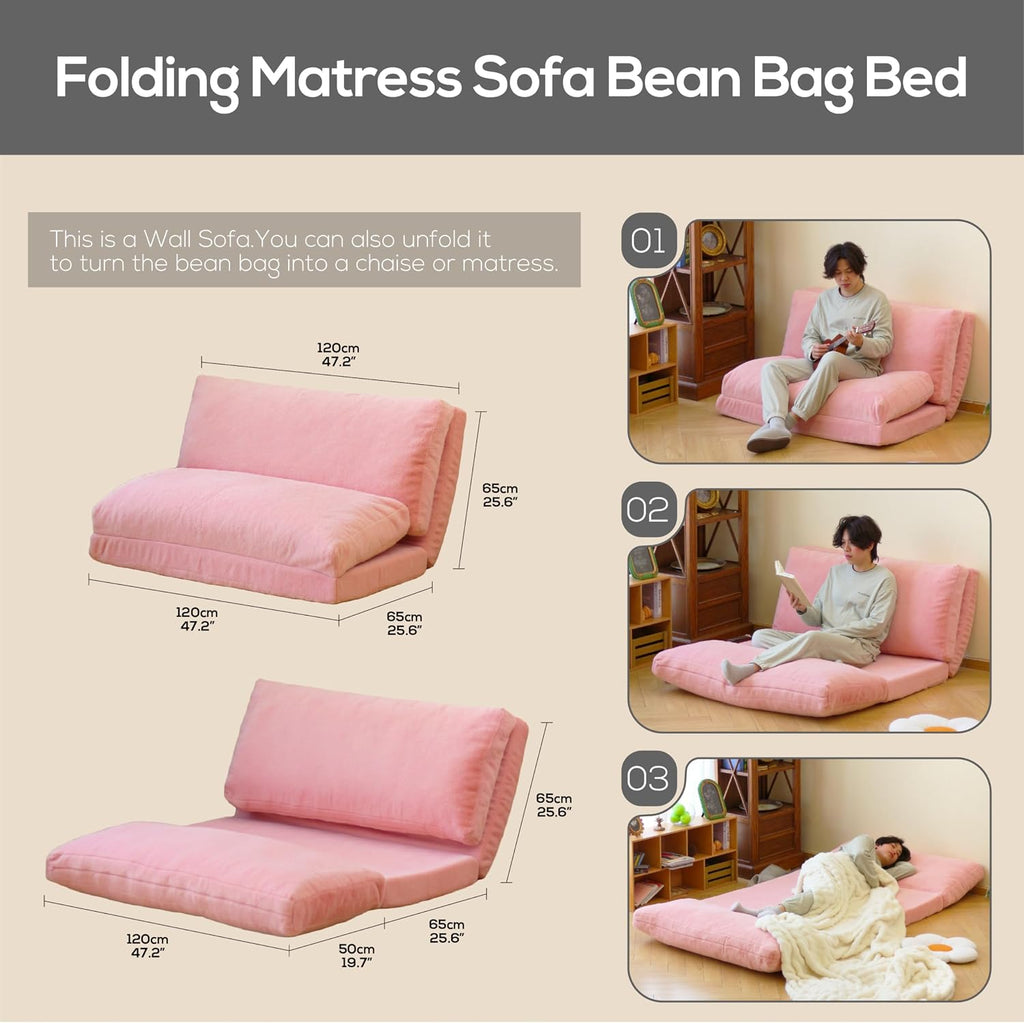 N&V Folding Matress Sofa Bean Bag Bed, Foam Filling Folding Matress Sofa, Includes Removable and Machine Washable Cover, Soft Premium Faux Fur (Medium, Pink)