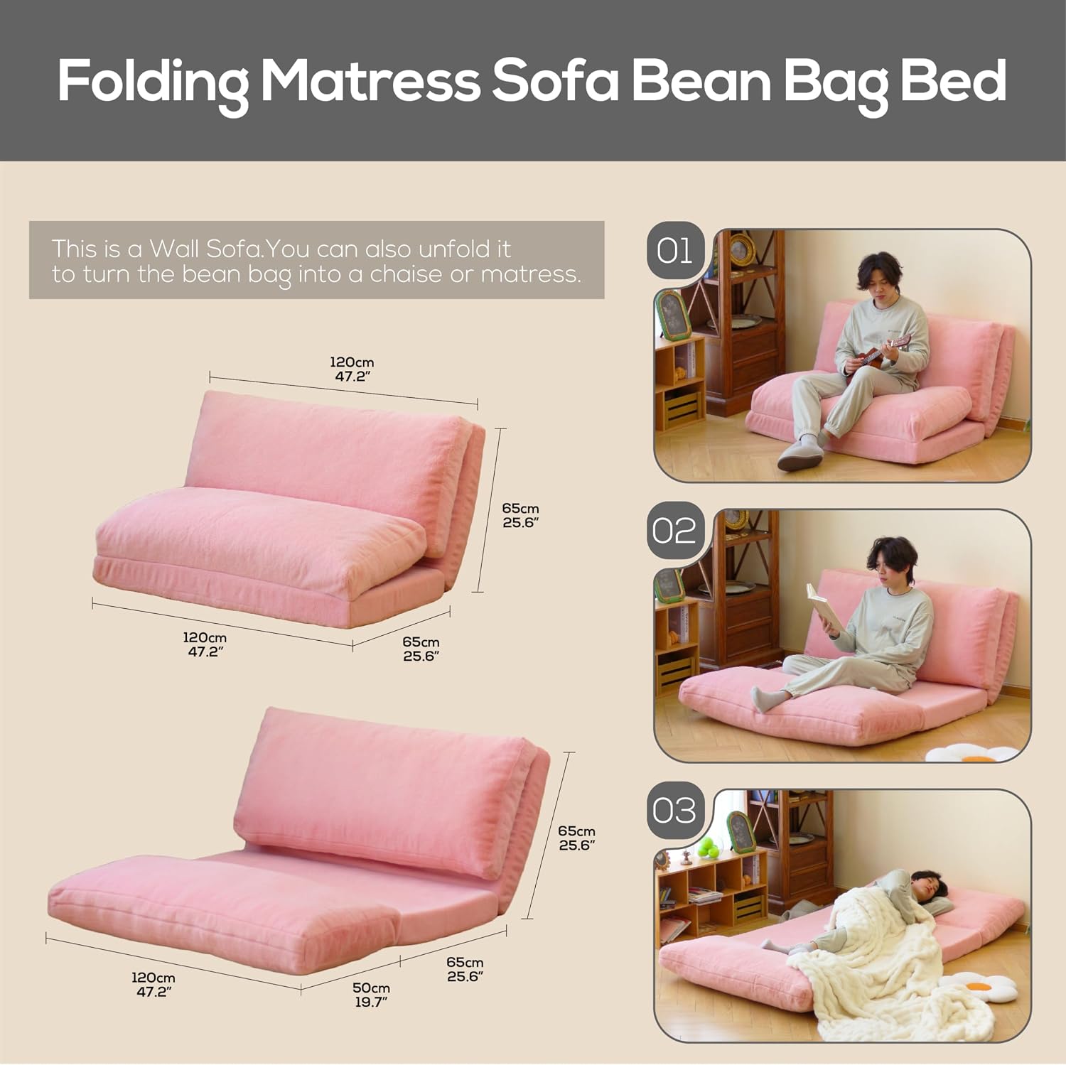 N&V Folding Matress Sofa Bean Bag Bed, Foam Filling Folding Matress Sofa, Includes Removable and Machine Washable Cover, Soft Premium Faux Fur (Medium, Pink)