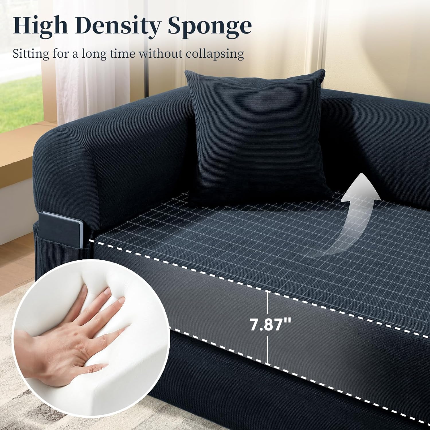 KBQ 3-Seat Convertible Sleeper Sofa Bed with 2 Pillows, Corduroy Folding Mattress Couch, Floor Sofa Lounge Couch for Living Room Bedroom Lounge Studio, Deep Blue