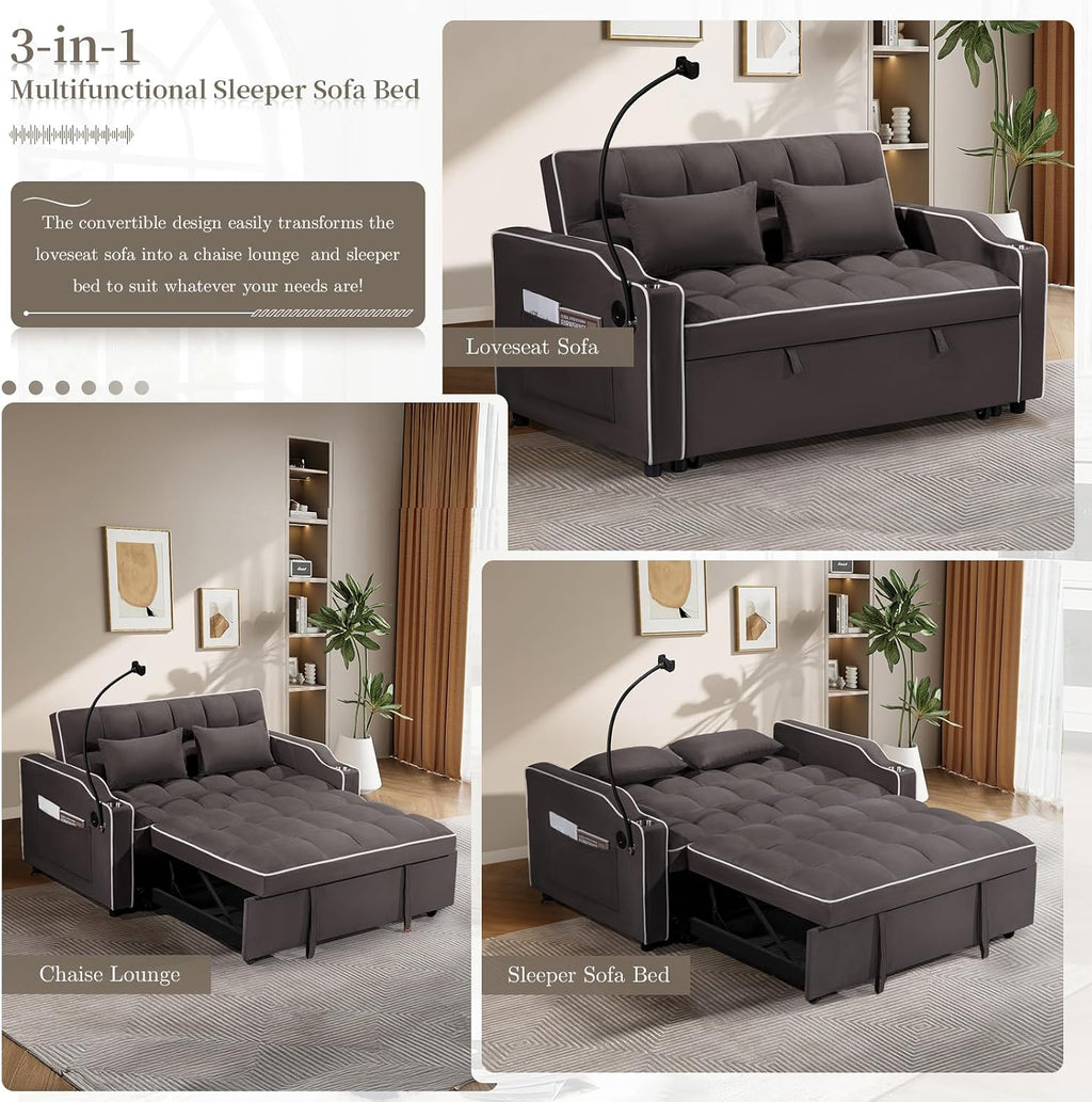 JEEOEHY 3 in 1 Convertible Sleeper Sofa Bed,Velvet Pull Out Couch Bed w USB&Type C Port,Comfy Futon Loveseat with Adjustable Backrest&Phone Holder for Living Room Apartment Small Space(Brown)