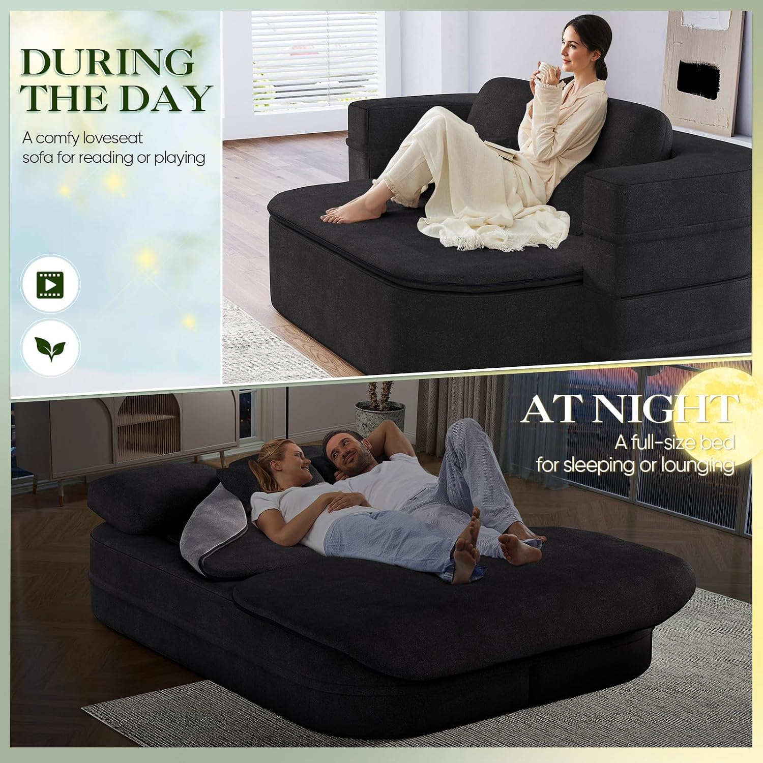 Antetek Convertible Sleeper Sofa, Modern Folding Futon Chenille Floor Foam Compression Loveseat Sofa Bed Couch, Foldable Full Size Guest Bed with 4 Pillows for Living Room Bedroom Apartment, Black