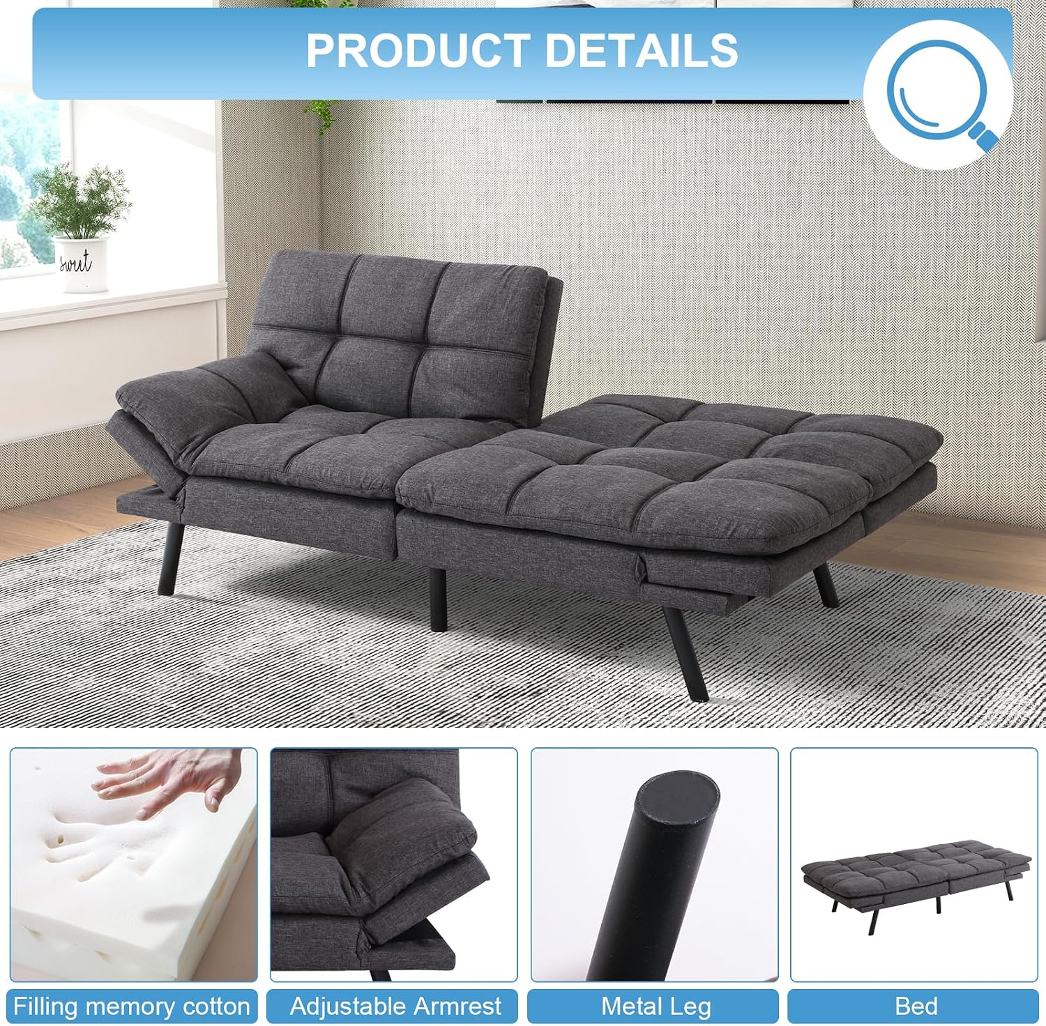 MUUEGM Futon Sofa Bed Couch Sofa, Memory Foam Futon Sleeper Sofa Loveseat Convertible Couch Bed for Small Compact Spaces, Apartment, Dark Grey.