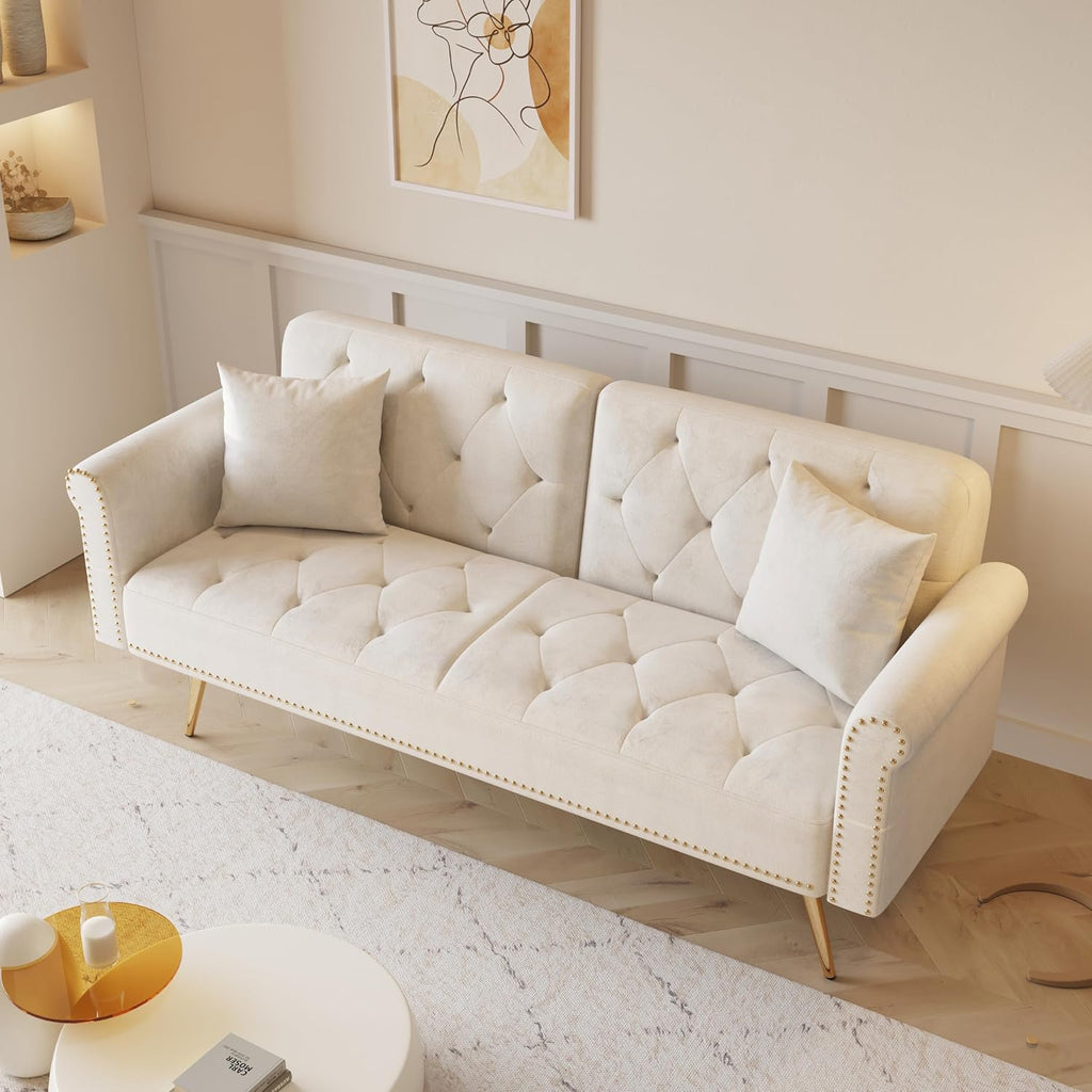 ERYE Tufted Futon Sofa Bed Modern Velvet Upholstered Loveseat Sleeper Futon Sofabed with Split Adjustable Backrest, Nailhead Decor and Elegant Golden Legs for Home Apartment RV Office Studio Bedroom