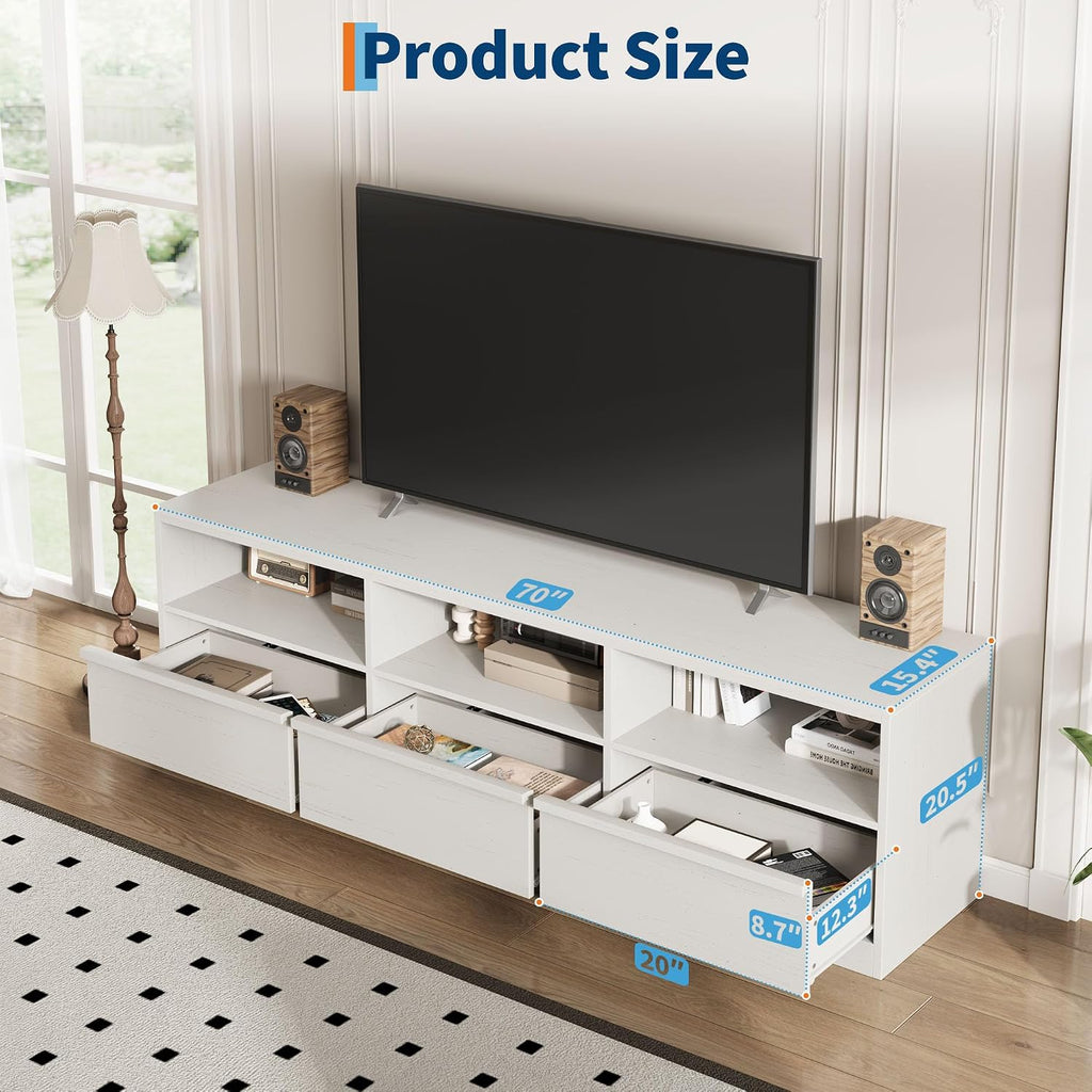 IDEALHOUSE 70 inch TV Stand for 80' TVs, Mid Century Modern Entertainment Center with Storage Drawer & Open Shelves, Wood Media Console Cabinet for Living Room/Bedroom, White