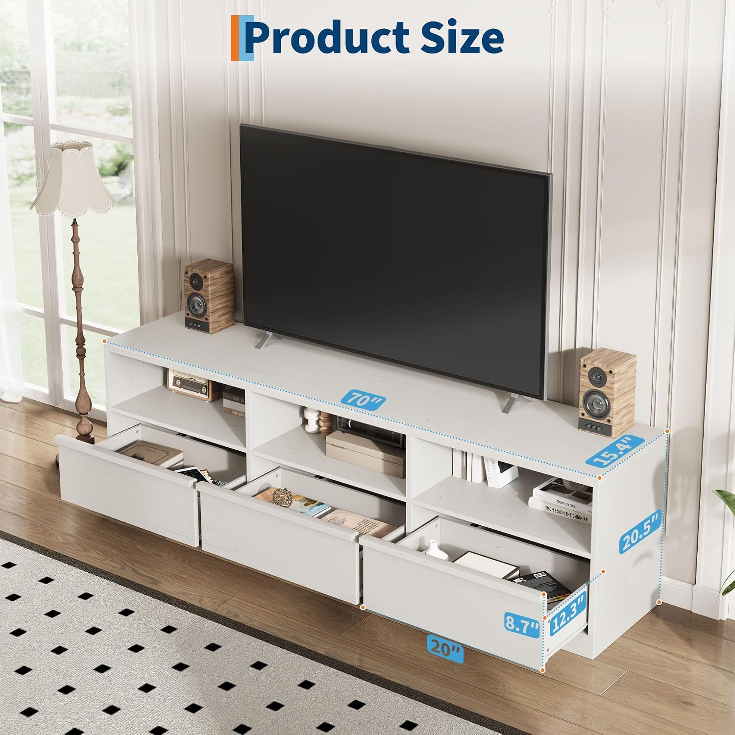IDEALHOUSE 70 inch TV Stand for 80' TVs, Mid Century Modern Entertainment Center with Storage Drawer & Open Shelves, Wood Media Console Cabinet for Living Room/Bedroom, White