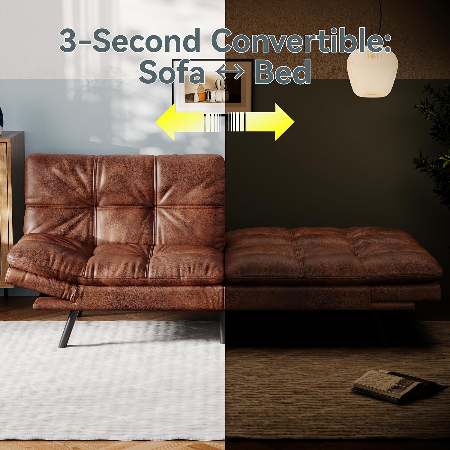 Vyfipt Convertible Futon Sofa Bed, Brown Faux Leather Futon Couch with Adjustable Backrest & Armrests, Folding Small Recliner Sleeper Sofa Bed for Living Room, Apartment, Office